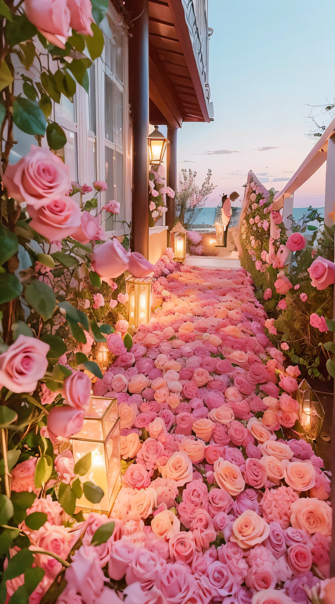 There is a path of pink roses,There is a lamp in the middle, rose pink lighting, Beautiful and aesthetic, beautiful aesthetic, pink golden hour, Beautiful flowers, rosette, rosses, an aesthetic field of flowers, beutifull, portal made of roses, Magical flowers, flowers sea everywhere, floral sunset, dreamy and romantic, Lots of flowers, pink hues