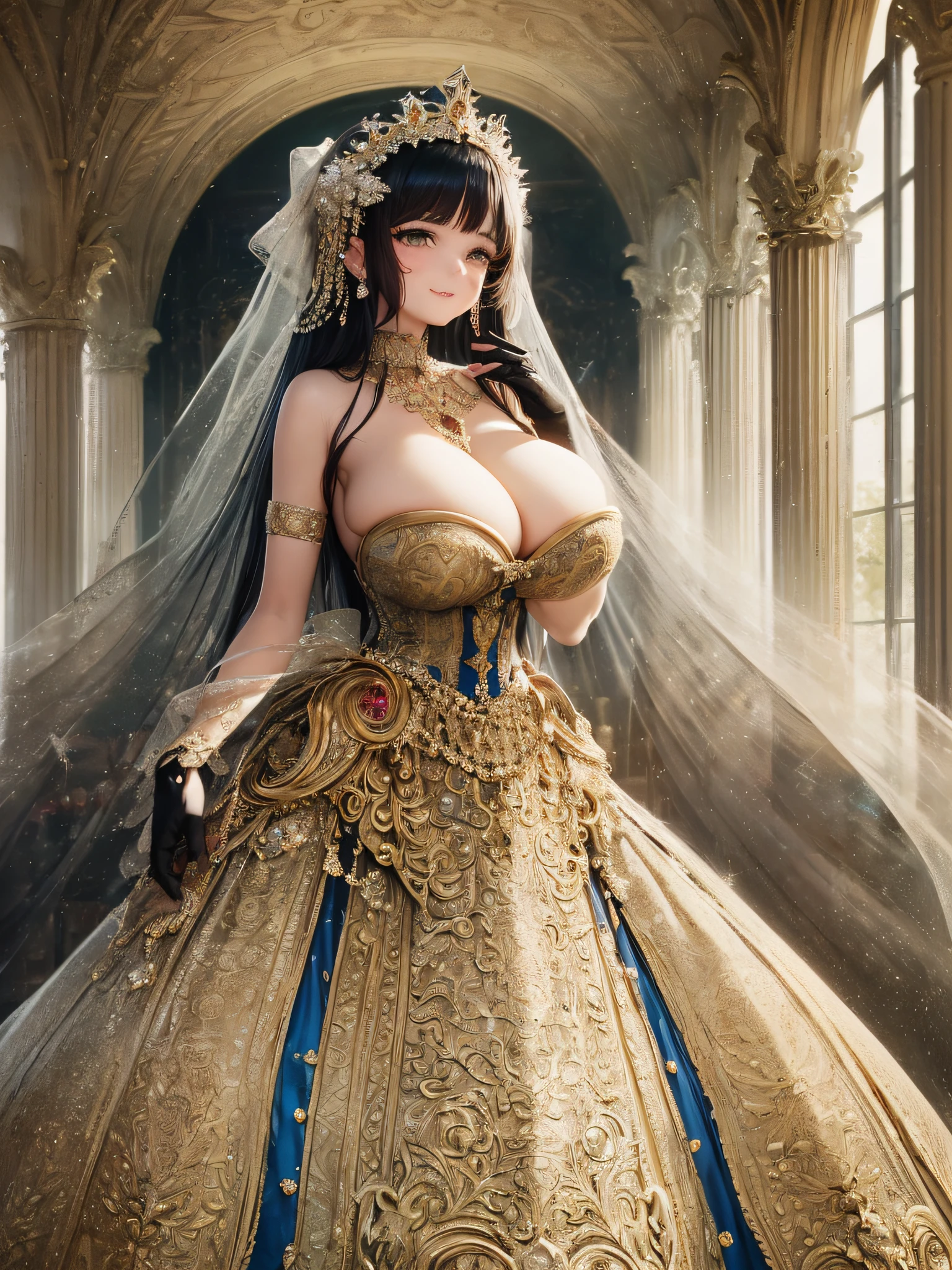 ((anime artstyle)),(Masterpiece),(Best Quality), (Super Detail),(Highly Detailed CG Unity 8k wallpaper),((Very Delicate and Beautiful)),1 lady,((full body portrait)),((standing in garden)),((solo)),(((1 princess in gorgeous embroidery and jeweled extremely gorgeous rococo princess ballgown with voluminous full length hoop skirt))),(((huge crinoline hoopskirt))),long train,((gorgeous embroidery and jeweled)),voluminous frills,See-through,(((extremely gigantic tits,skindentation))),cleavage,((absurdly Long Straight Hair,extremely voluminous Straight long Hair,absurdly Long Straight Hair)),(finely detailed face and eyes),((seductive smile,embarrassed)),clear pupil,extremely gorgeousfull hair ornament,(bling-bling jeweled extremely gorgeousfull tiara),((bling-bling gorgeous gemstone jewelry)),gorgeous long veil,((ultra long gloves)),(beautiful background),(full body),((gorgeous embroidery and jeweled extremely gorgeous rococo princess ballgown with voluminous full length hoop skirt))