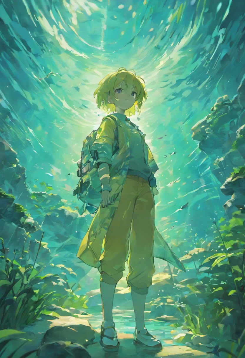 Boy with his back to the avalanche，Calmly hold the aquarium，The landscape in the aquarium is a mountain view, Rivers and seas，anime big breast
