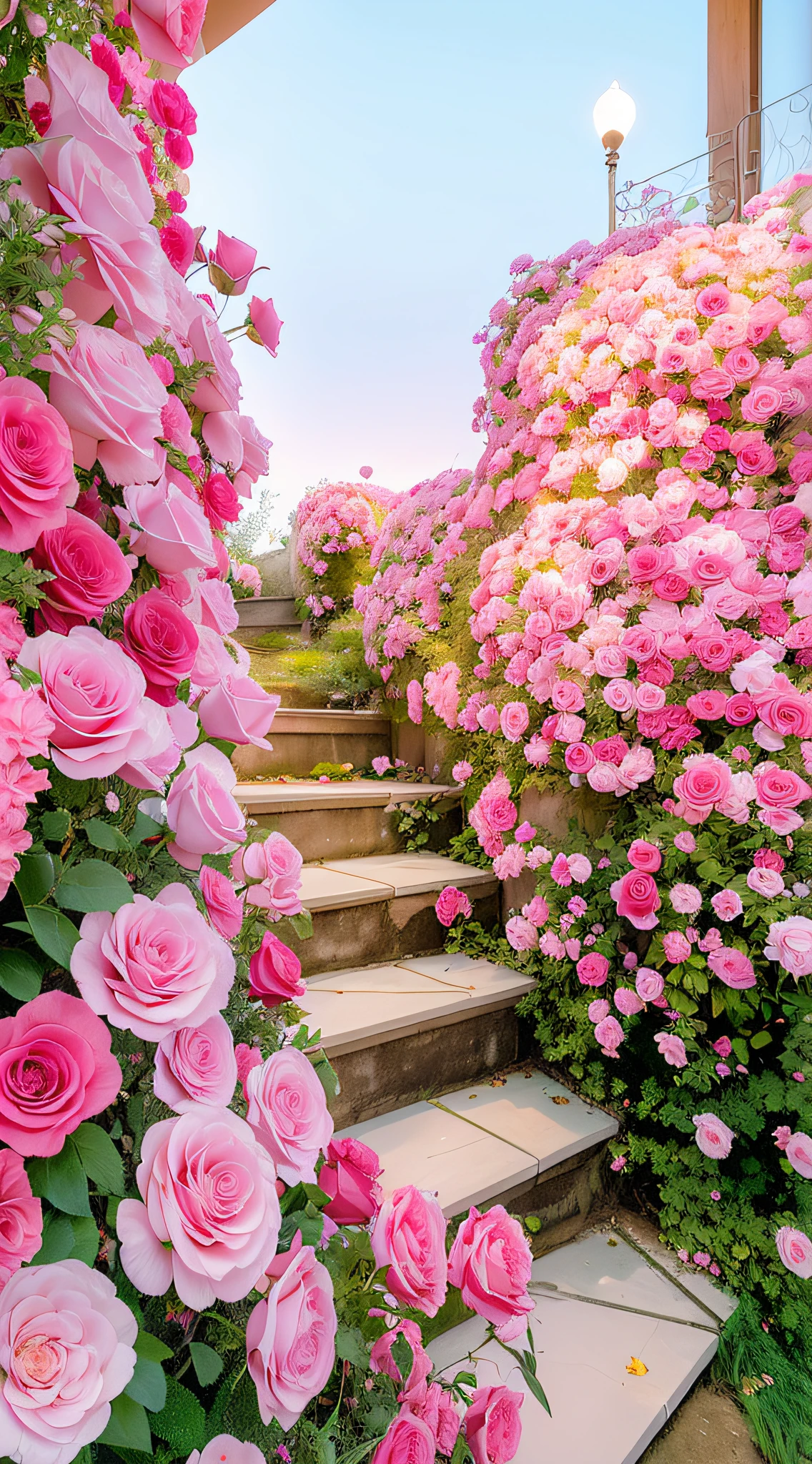 The steps of the house grow pink roses, blossoming path to heaven, an aesthetic field of flowers, Pink flowers, Beautiful and aesthetic, heaven pink, leading to a beautiful, rosses, portal made of roses, beautiful flowers growing, Beautiful flowers, Magical flowers, shades of pink, Blooming flowers, with soft pink colors, Rose garden, beautiful aesthetic