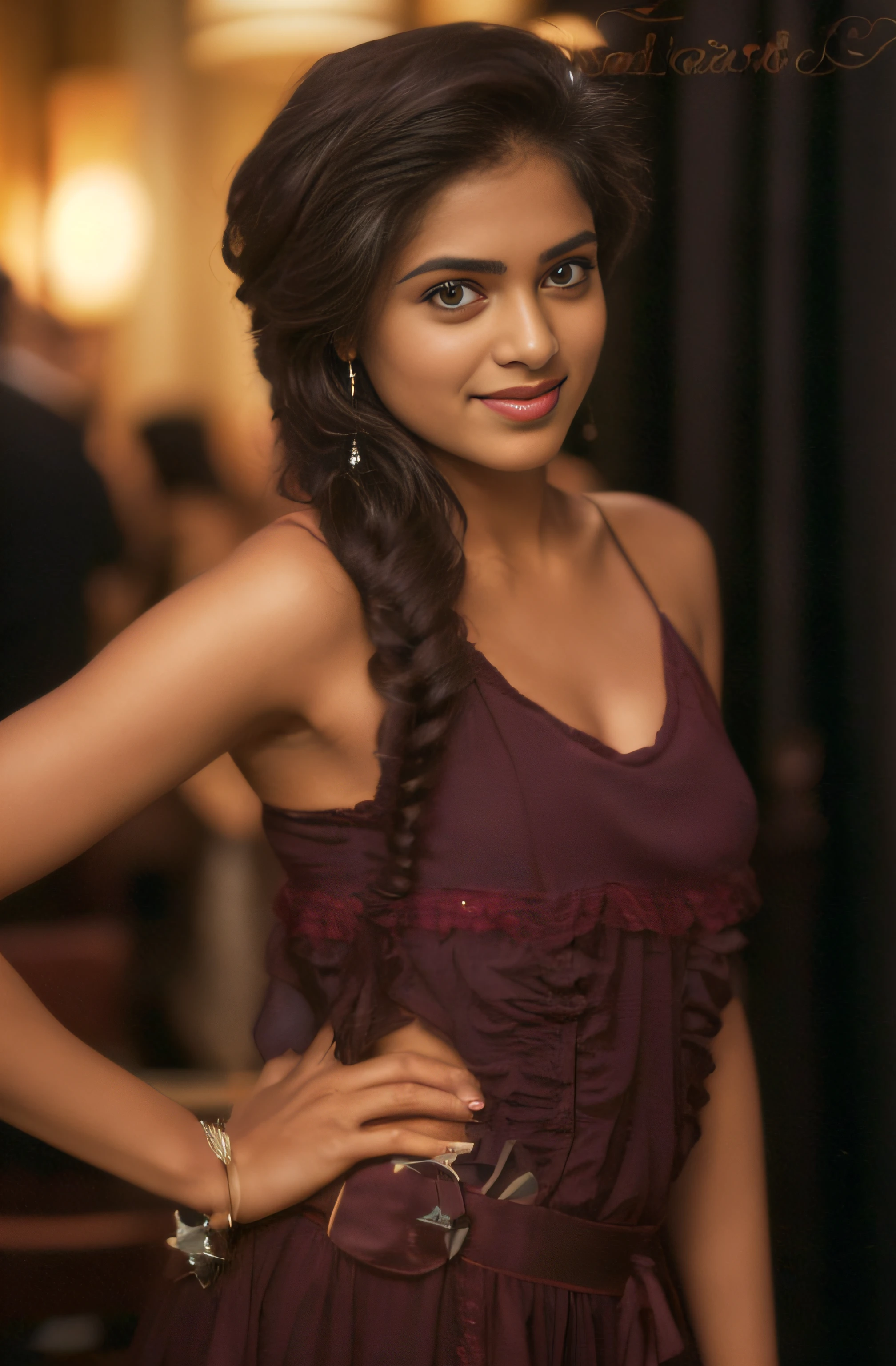 (editorial photograph of a young Indian woman), karla ortiz, (highly detailed face:1.4) (smile:0.7) (backround 5 star hotel , moody, private study:1.3) POV, by lee jeffries, nikon d850, film stock photograph ,4 kodak portra 400 ,camera f1.6 lens ,rich colors ,hyper realistic ,lifelike texture, dramatic lighting , cinestill 800, realistic, wearing Black dobby weave self design fit & flare dress Sweetheart neck Short, puff sleeve Tie-up detail on back Above knee length in flounce hem Attached Lining Chiffon fabric, actress, karla ortiz, posing!!, candid picture, by Max Dauthendey,