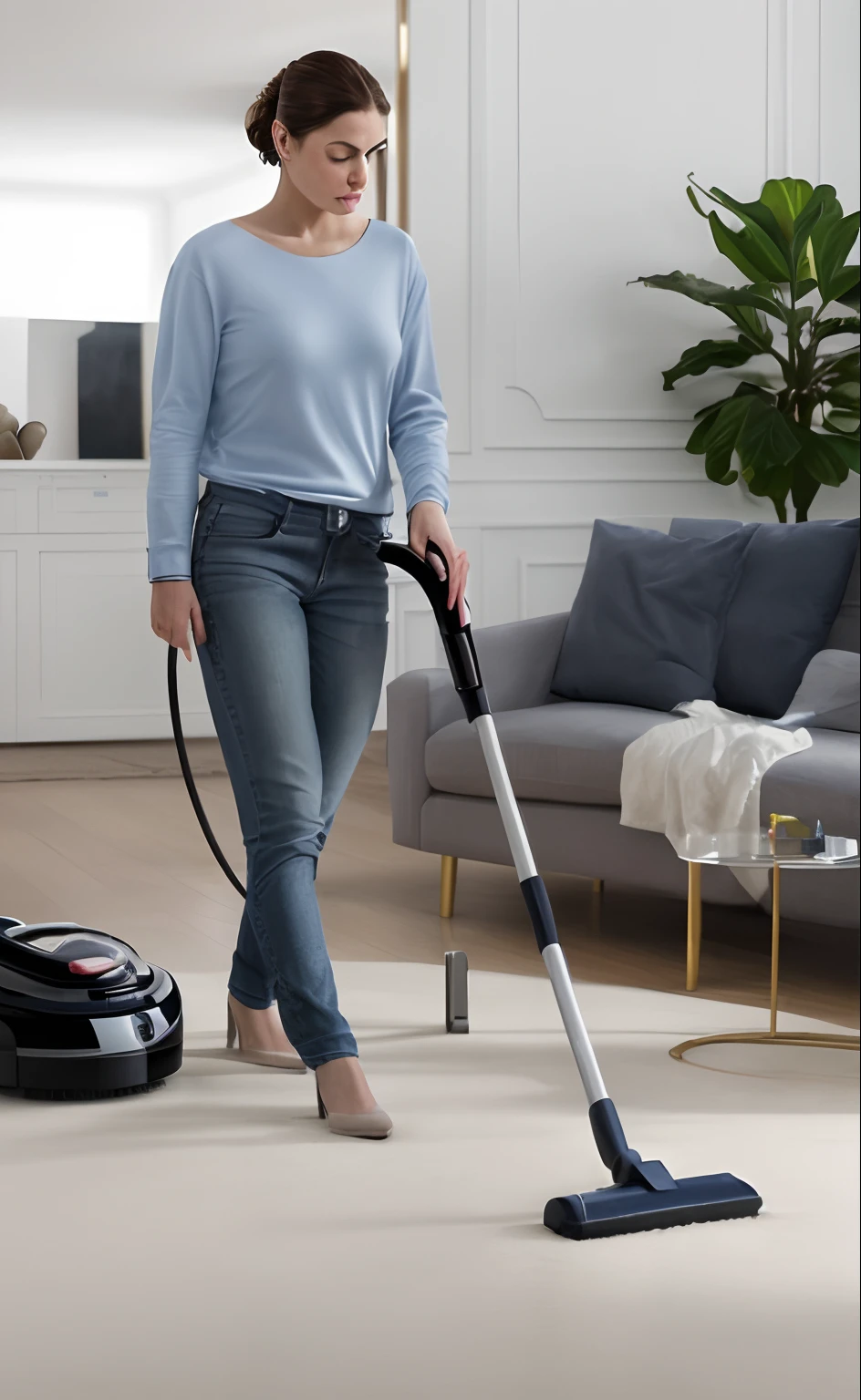 A woman vacuums a carpet, Inspired by the portrait of Bella Sicosi Cesia, smooth clean surfaces, extremely clean, stunning design, vivd details, detalhe poderoso, crisp smooth clean lines, Very, very clean, advertisement picture, brilliant detail, (Hyper-realistic:1.3)