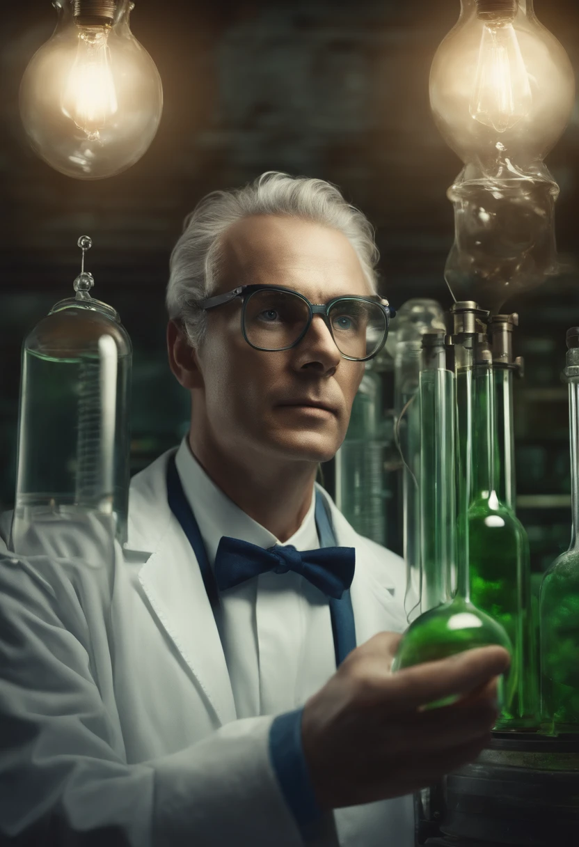 Mad scientist man from the front, hands in front, big teats, detailded, num horror atmosphere, HD, ultrarealistic, holding a glass bottle with neon green liquid spell