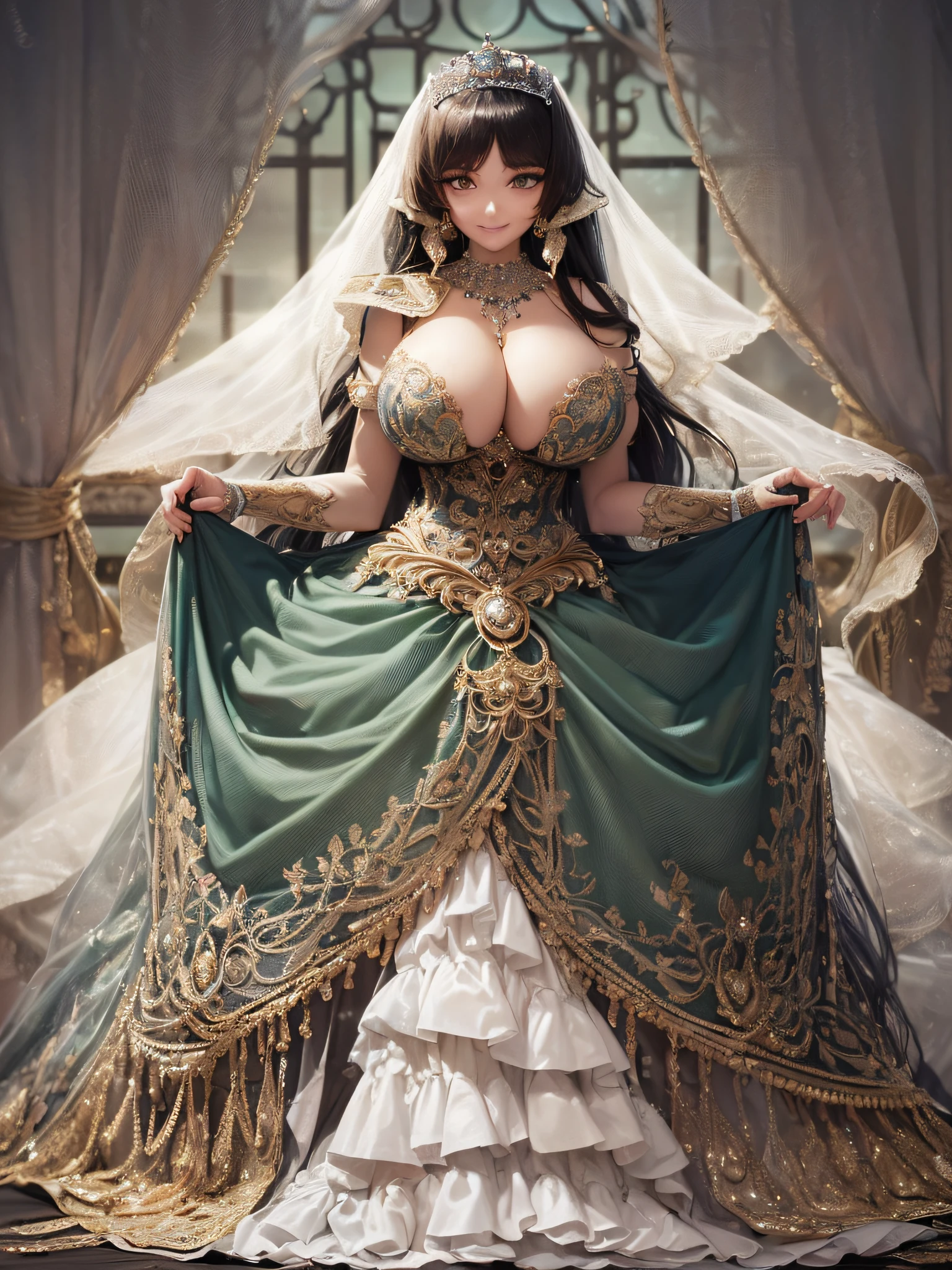 ((anime artstyle)),(Masterpiece),(Best Quality), (Super Detail),(Highly Detailed CG Unity 8k wallpaper),((Very Delicate and Beautiful)),1 lady,((full body portrait)),((standing in garden)),((solo)),(((1 princess in gorgeous embroidery and jeweled extremely gorgeous rococo princess ballgown with voluminous full length hoop skirt))),(((huge crinoline hoopskirt))),long train,((gorgeous embroidery and jeweled)),voluminous frills,See-through,(((extremely gigantic tits,skindentation))),cleavage,((absurdly Long Straight Hair,extremely voluminous Straight long Hair,absurdly Long Straight Hair)),(finely detailed face and eyes),((seductive smile,embarrassed)),clear pupil,extremely gorgeousfull hair ornament,(bling-bling jeweled extremely gorgeousfull tiara),((bling-bling gorgeous gemstone jewelry)),gorgeous long veil,((ultra long gloves)),(beautiful background),(full body),((gorgeous embroidery and jeweled extremely gorgeous rococo princess ballgown with voluminous full length hoop skirt))