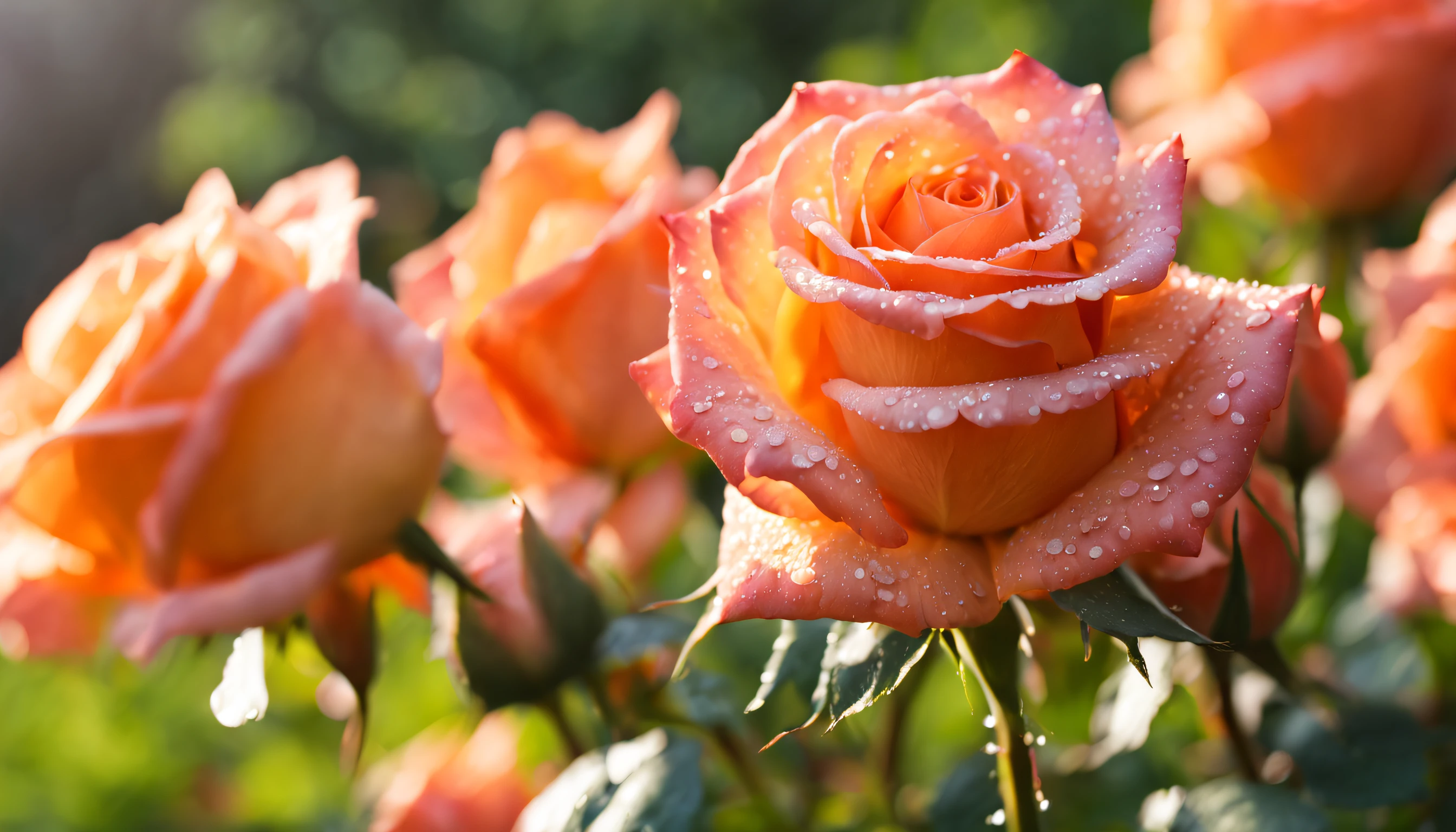 Many pinkish orange color rose flowers in the garden and sunlight with bokeh, dew drops on flower petals (masterpiece, ultra quality, high resolution, 8k, intricate: 1.2), (masterpiece), (best quality:1)