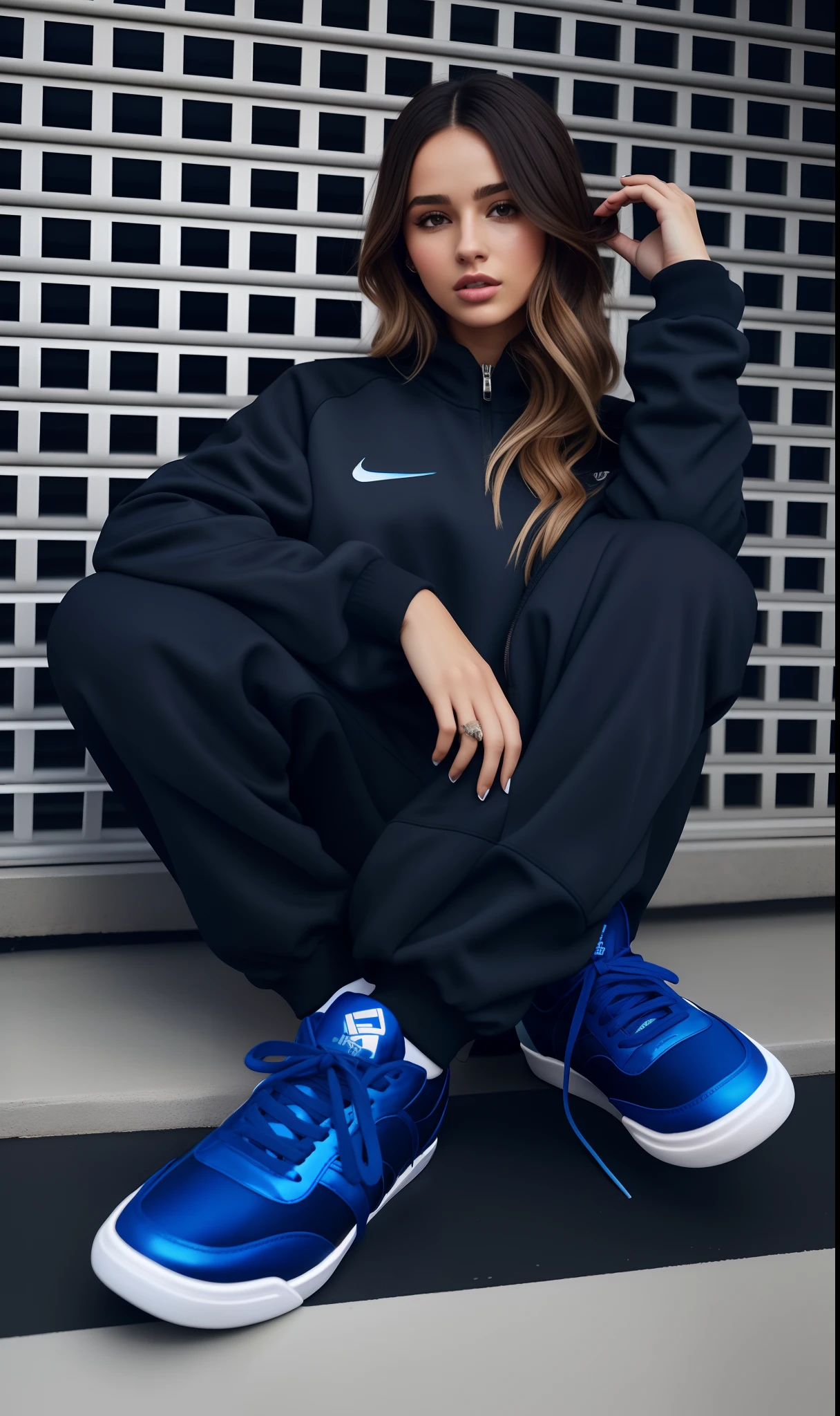 Arafed woman sitting on the floor in a black and blue outfit, preto e azul, azul e preto, sneaker photo, blue footwear, Fotografia de uma mulher techwear, 2 mulheres techwear, Retrato Sophie Mudd, wearing a tracksuit, Azul escuro e nas proximidades, Retrato no meio da foto, wearing a track suit, Estilo de Julia Razumova, sneaker