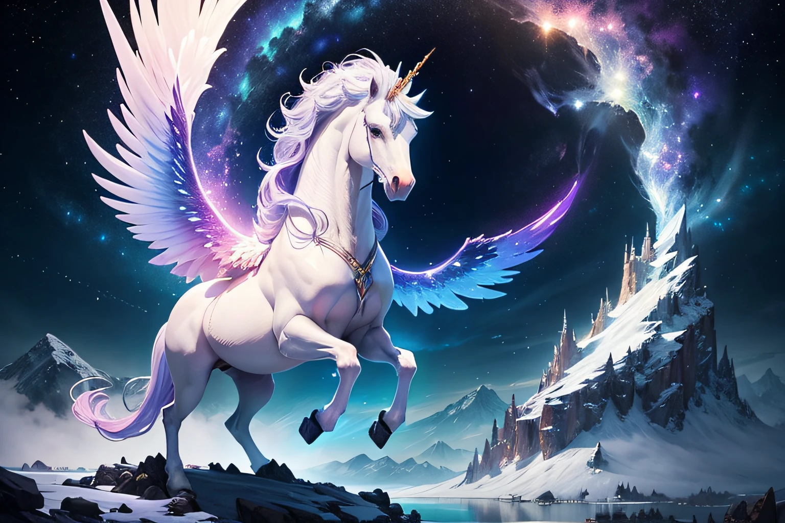 Starry sky with snowy mountains and lake、Fantasy Art、Atmospheric Artwork、Gentle Infinite Stars、Moonlit lake、Meteor swarm、Aurora、Unicorn with a long mane,Unicorn flying in the sky, Iridescent wings,, artwork of a phoenix, pegasus, unicorn、1 corner