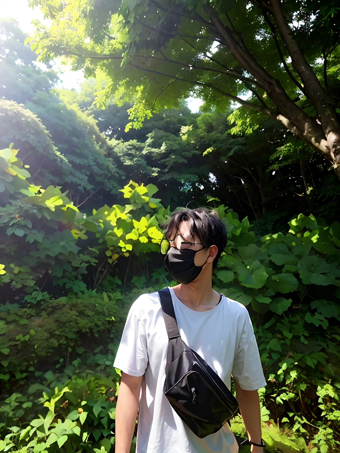 there is a man wearing a mask and a black bag, in front of a forest background, amidst nature, wearing all black mempo mask, wearing mask, wearing facemask, wearing a mask, wearing facemask and sunglasses, in a scenic background, trees in the background, very very low quality picture, in a field, shot on canon eos r 5