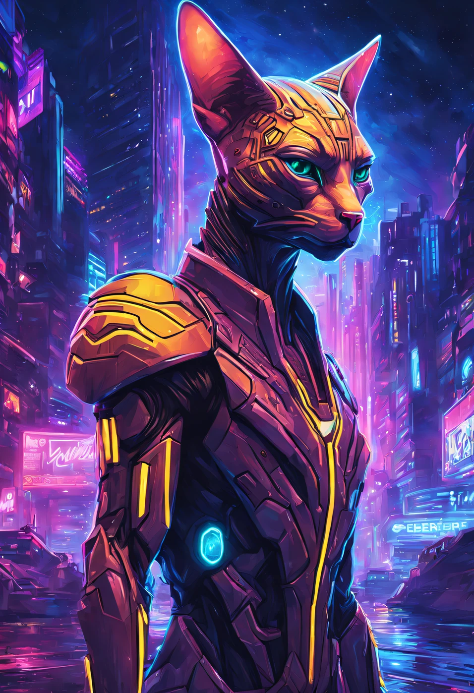 space futuristic style neon futuristic style Digital illustration of dan mumford, Sphinx cat man superhero, beerus, futuristic world, cyberpunk world, full body, dynamic pose, glowing neon tech-wear, cybernetic enhanced, scifi cinematic, ultra detailed, intricate, professional, hyperrealist photorealistic, photographic, realism, 35mm film, dslr, cyberpunk style, cyborg style, Movie Still, Film Still, cyborg style, cyborg . futuristic, high-tech, neon lights, futuristic cities, vibrant, highly detailed . outer space, cosmic, stars, planets, futuristic spacecraft, highly detailed