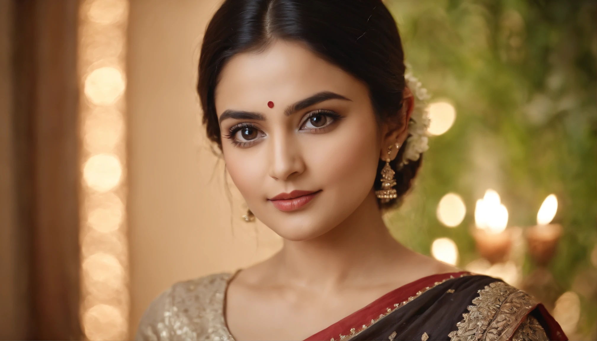 fair complexion, woman around 28 years old, natural black hair, attractive big black eyes, wearing saree, slender and graceful, beautiful, perfect woman to marry, candlelight in a Indian style, ultra sharp focus, realistic shot, tetradic colors