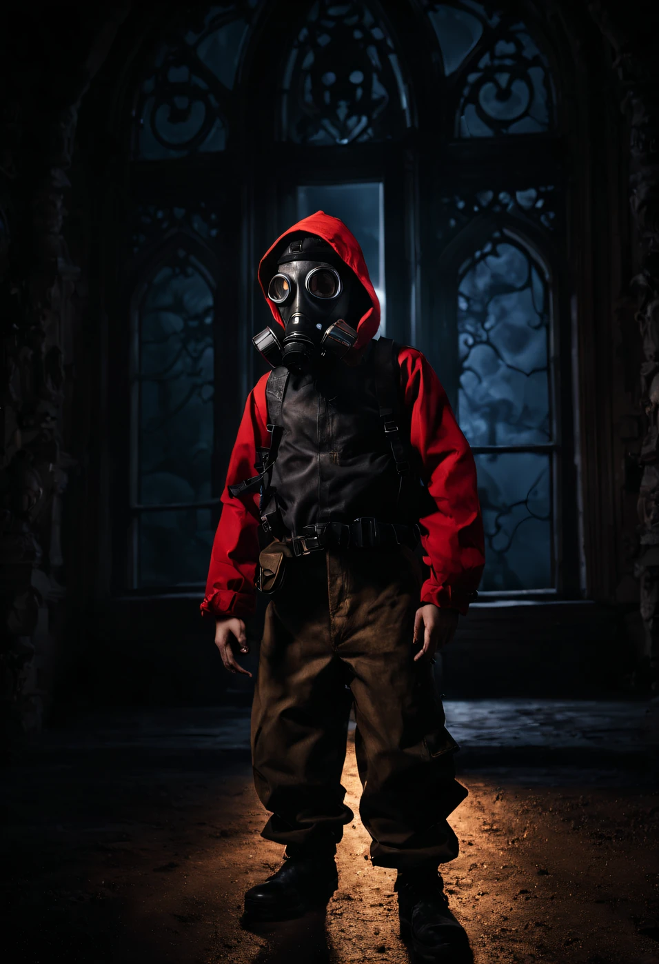 award winning photo, in the (dark:1.3), (deep shadow:1.3), creepy, scary, best quality, highres, 1boy, solo, tf2pyro, redteam, red jacket, gas mask, (in a gothic castle), ((moonlight)), light particles, intricate details, window in the background, dynamic angle, slight smile, (night:1.4),