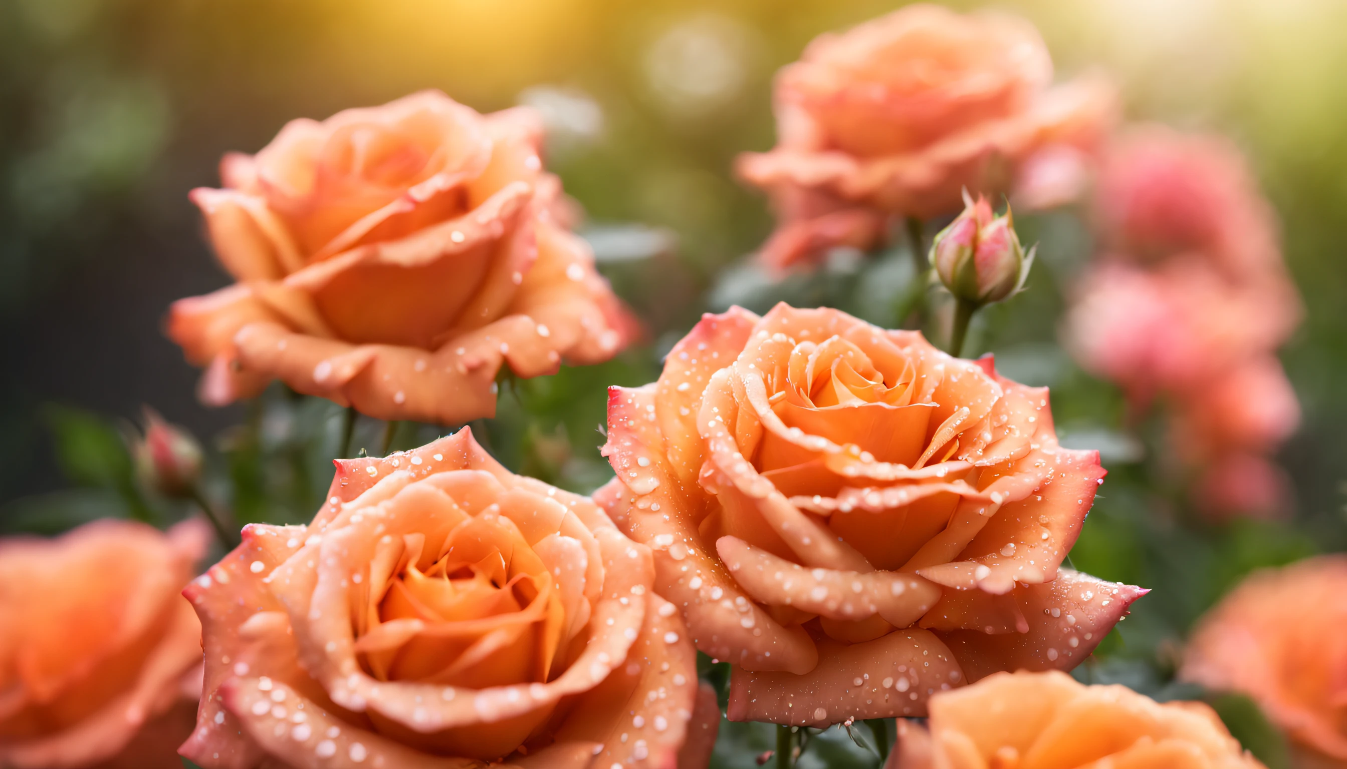 Many pinkish orange color rose flowers in the garden and sunlight with bokeh, dew drops on flower petals (masterpiece, ultra quality, high resolution, 8k, intricate: 1.2), (masterpiece), (best quality:1)