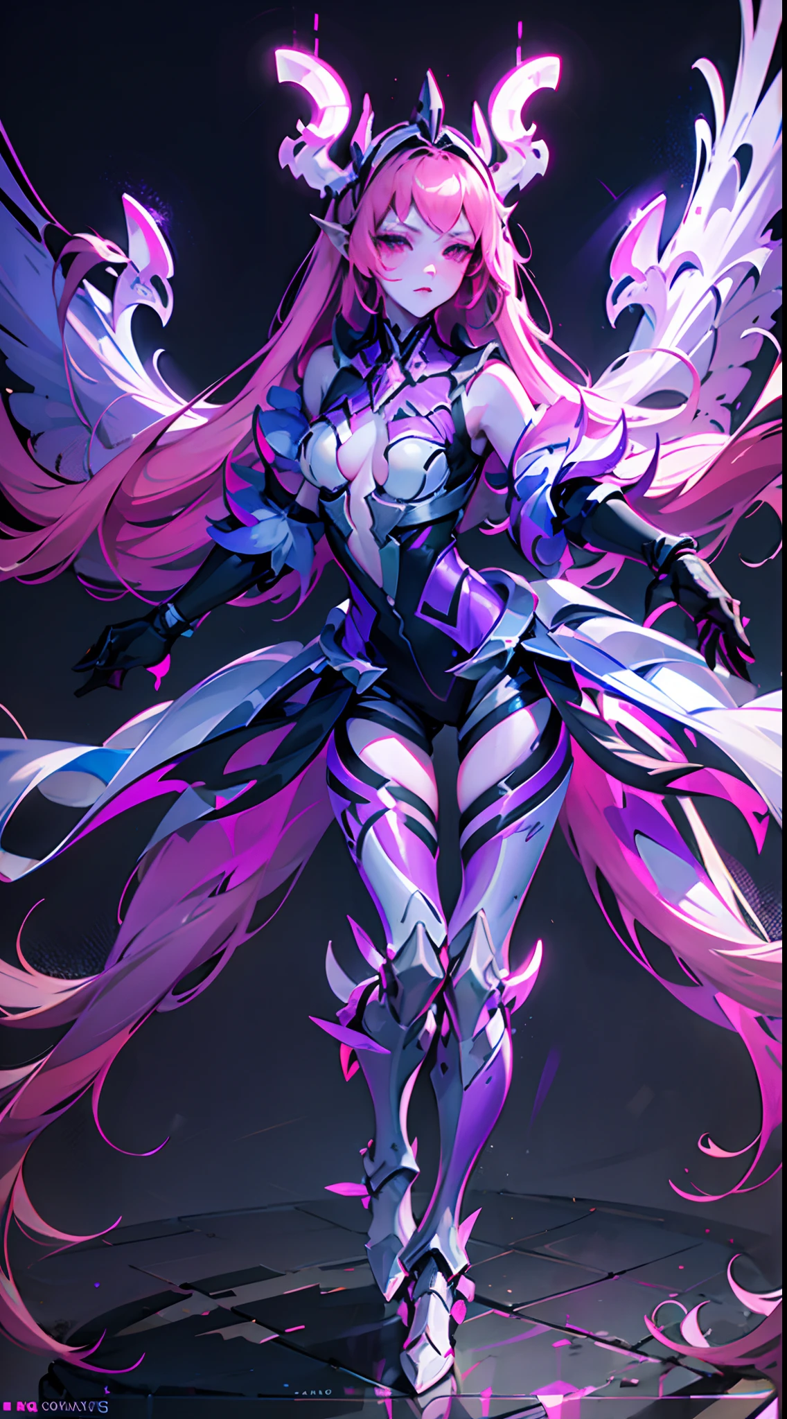 game character, solo, full body shot, Gradient, Gradient background, jewelry, selena, pink hair, Bare shoulders, Thighs, mecha style, white armor, white dress, white, white wings, light blue scarf, android, cyborg, LED light suit