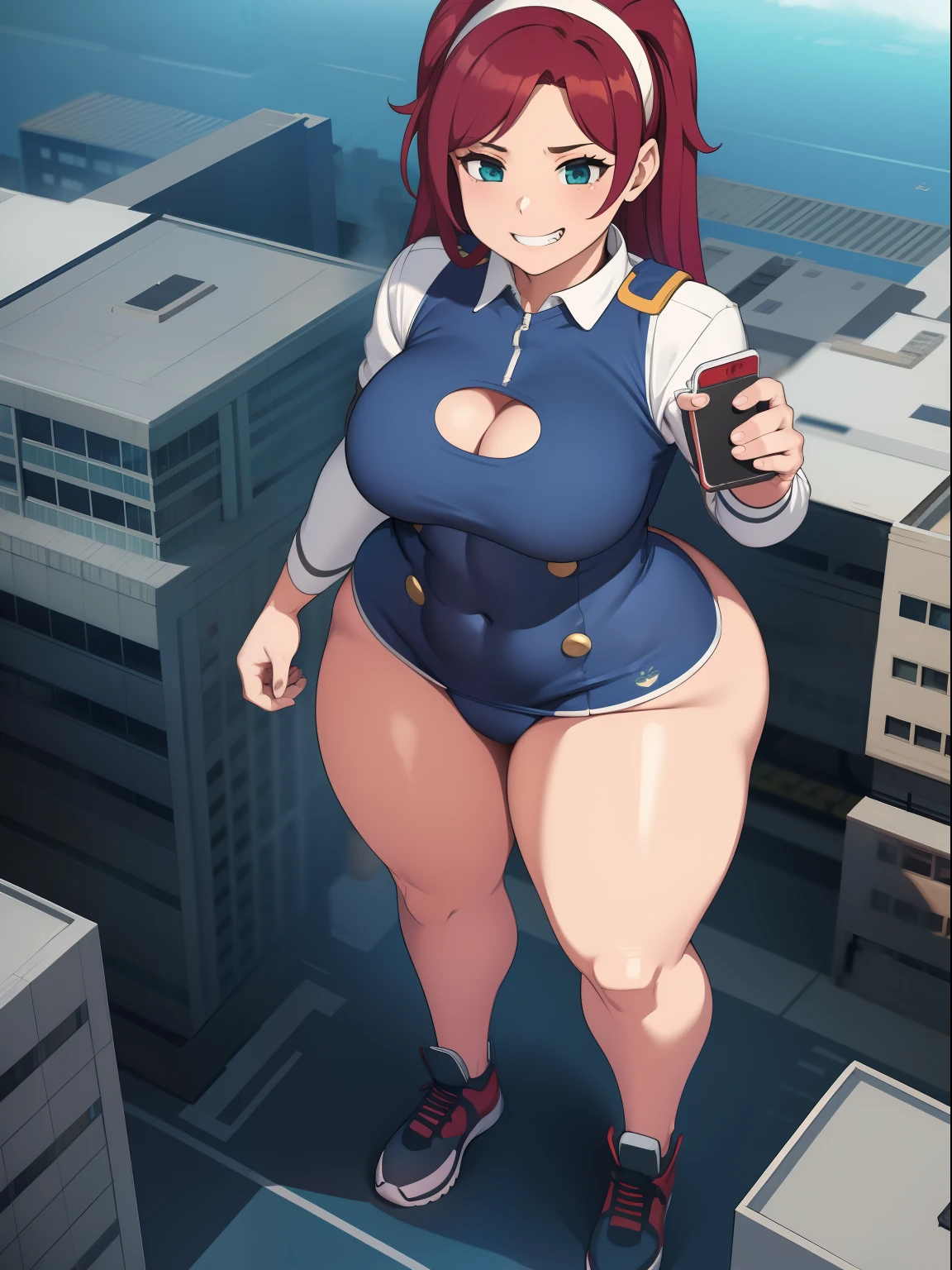 GTS, giantess, curvy, busty, grin, evil, thick thighs, full body shot, aerial view