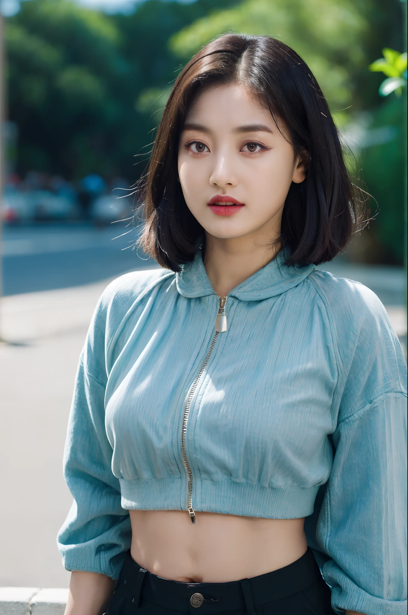 (forehead, cropped jacket, abs, midriff, frown, short hair, black hair, eyeliner:1.3), (masterpiece, best quality, beautiful quality), (photorealistic:1.4), (detailed lighting, extremely detailed skin, extremely detailed hair, shadows, 8k, a picture of a Jihyo, 1girl:1.2), looking at viewer, (High Key Lighting), masterpiece, top quality, best quality, official art, unity 8k wallpaper, highres, ultra-high res, ultra-detailed, beautiful and aesthetic