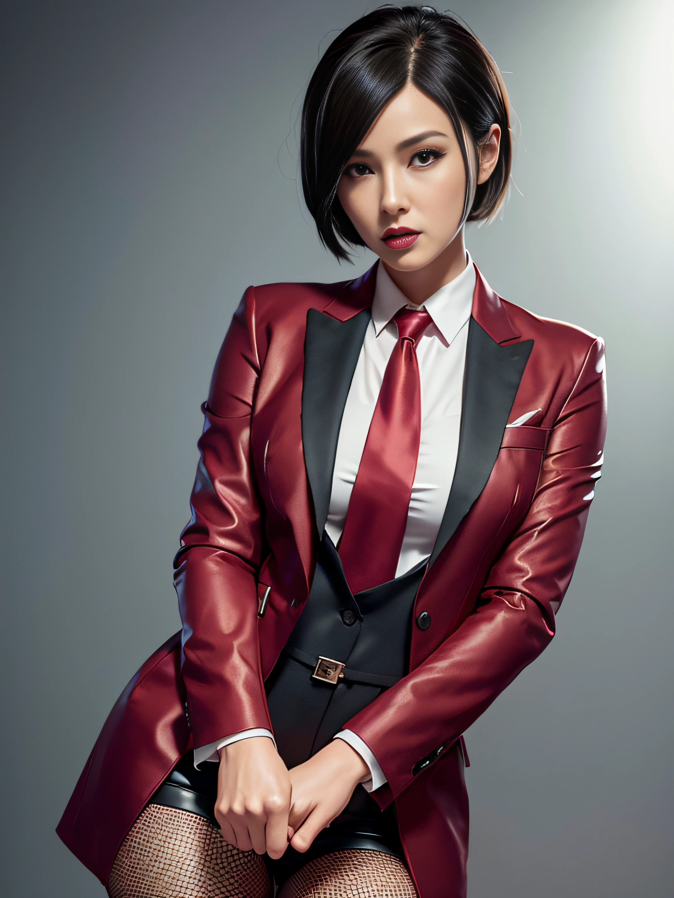 Resident Evil 4, Ada Wong, 1girl, makeup, silky hair, fully clothed, skirt suit, suit and tie, (((three-piece suit))), silk dress shirt, shirt and tie, necktie, ((blazer)), ((suit jacket)) ((waistcoat)), bodycon miniskirt, pantyhose, tights, stockings, ((red lipstick)), ((pinstripe suit)), high heels, belt, tie clip, pocket square, tailored suit