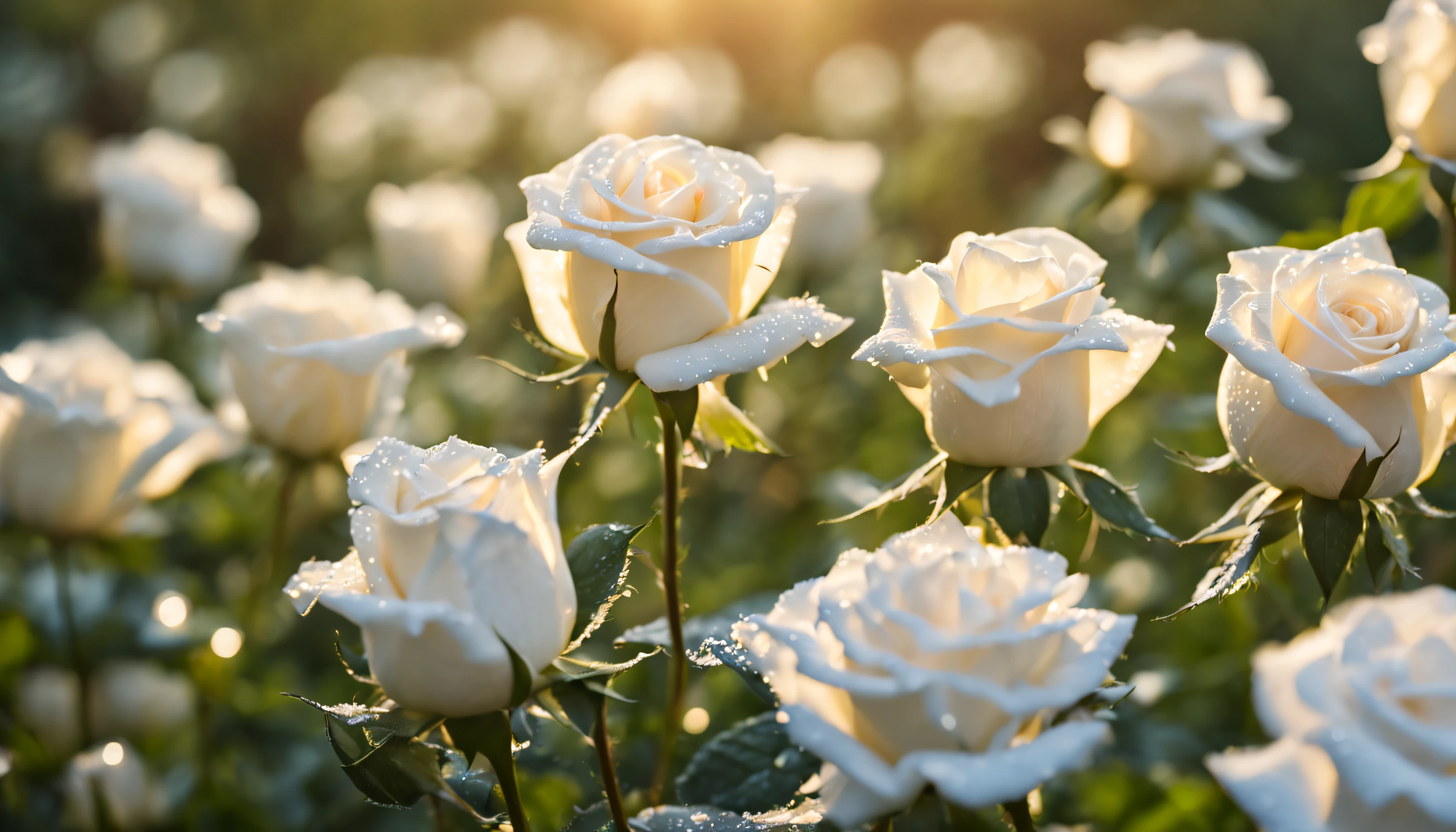 Many white color rose flowers in the garden and sunlight with bokeh, dew drops on flower petals (masterpiece, ultra quality, high resolution, 8k, intricate: 1.2), (masterpiece), (best quality:1)