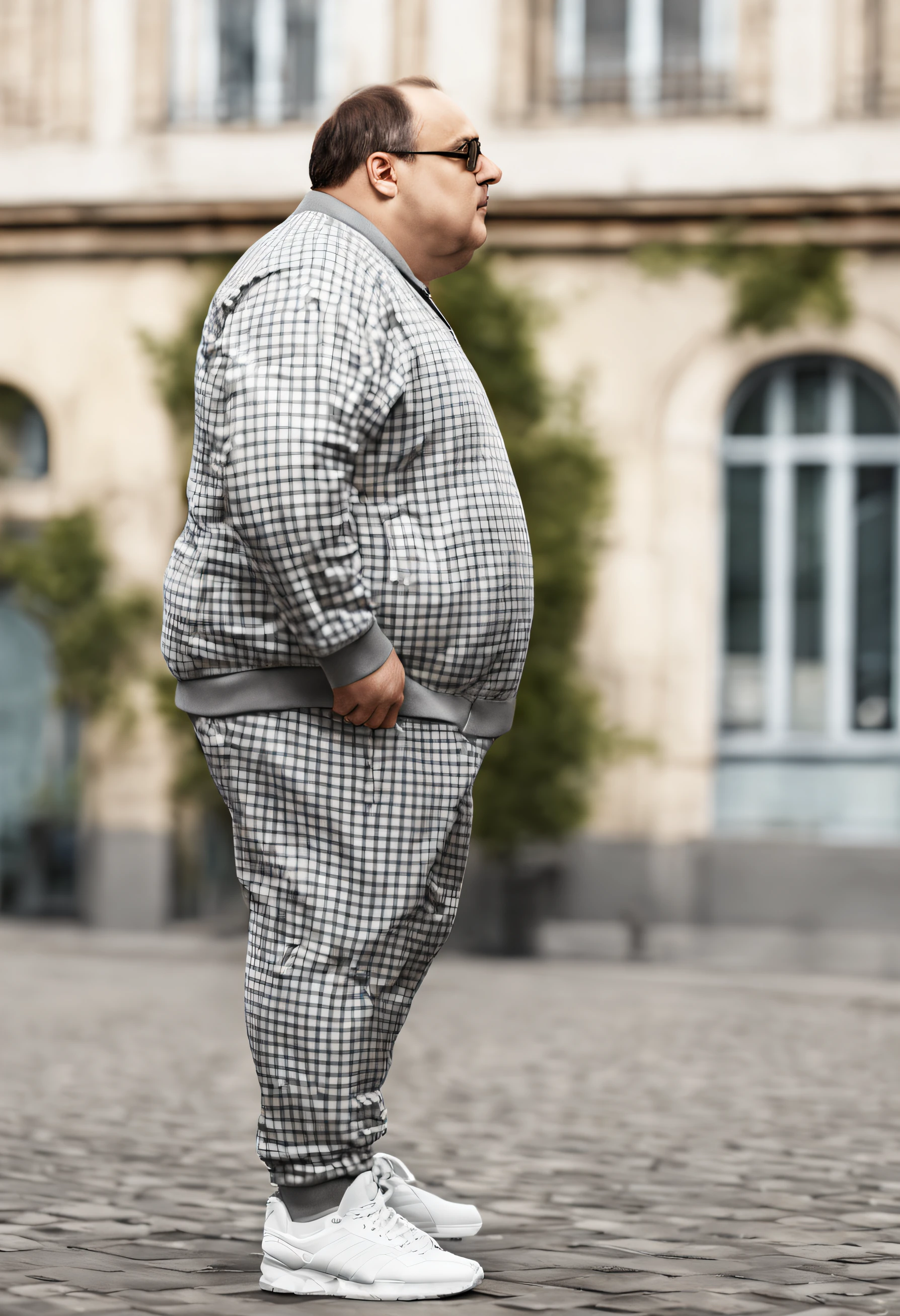 Fat french man in gray checkered tracksuit with white checks, side-view, foto realista