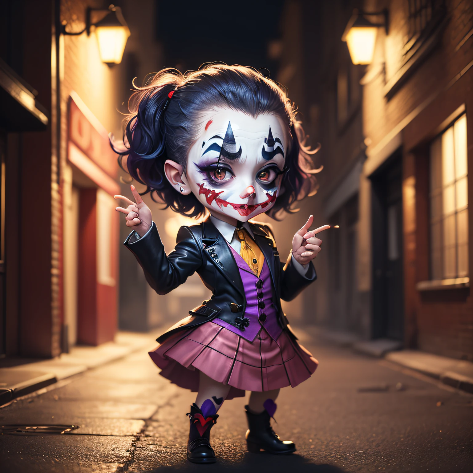 (Chibi cute joker girl:1.3), A dance pose in a dimly lit back alley, (Masterpiece), (Best Quality), (Ultra high Detailes)