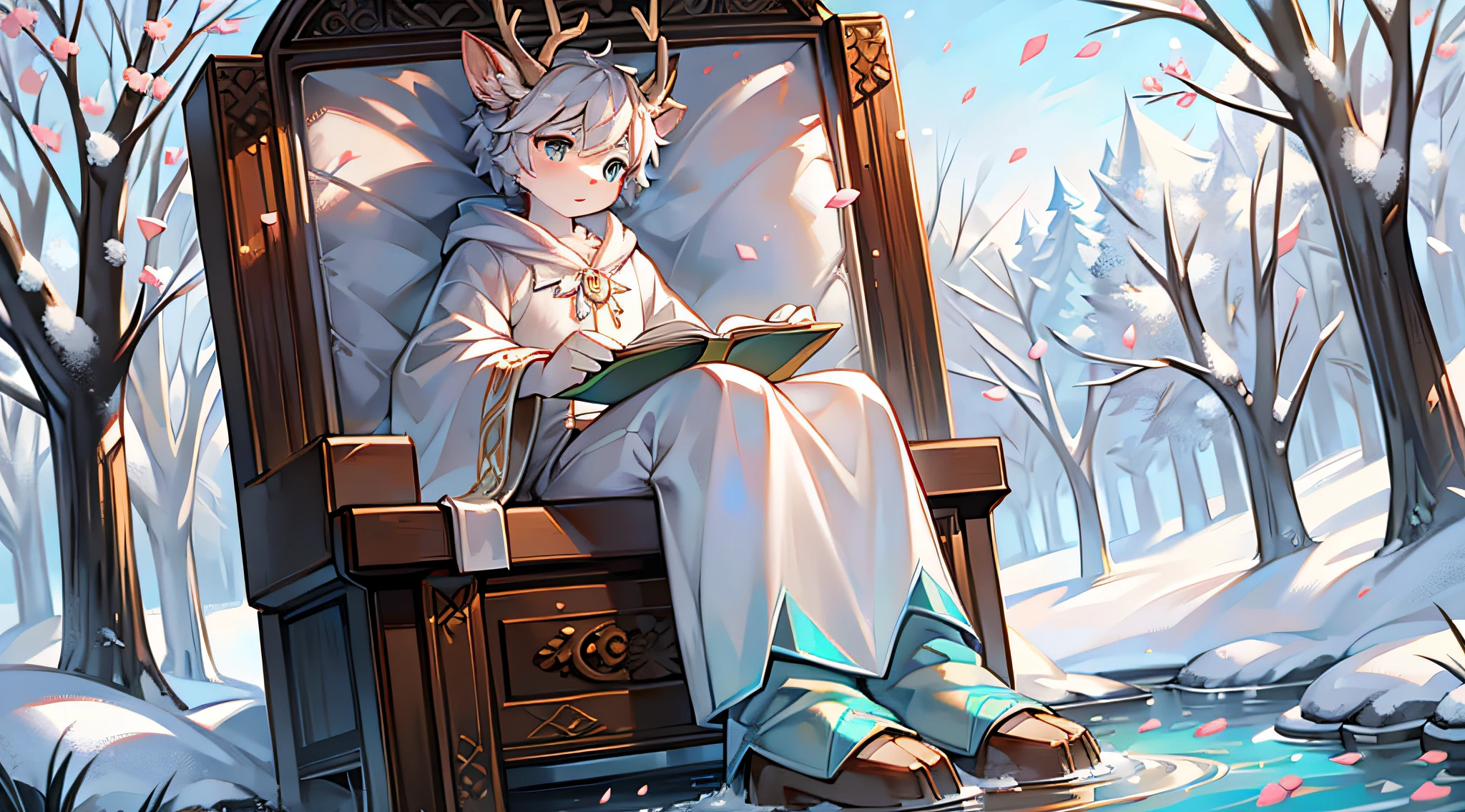 A white deer,Pear blossom tree,falling flower petals,flowing river,White robe,Green pattern,Sat down,snow covered,out a hand,ornate backdrop,Falling snowflakes,sitting sideways,Reach for the snowflakes,k hd,solo person,arcadia,falling flower petals,Pink petals,With a book on his lap,deer antlers,eye glass,Expectant eyes