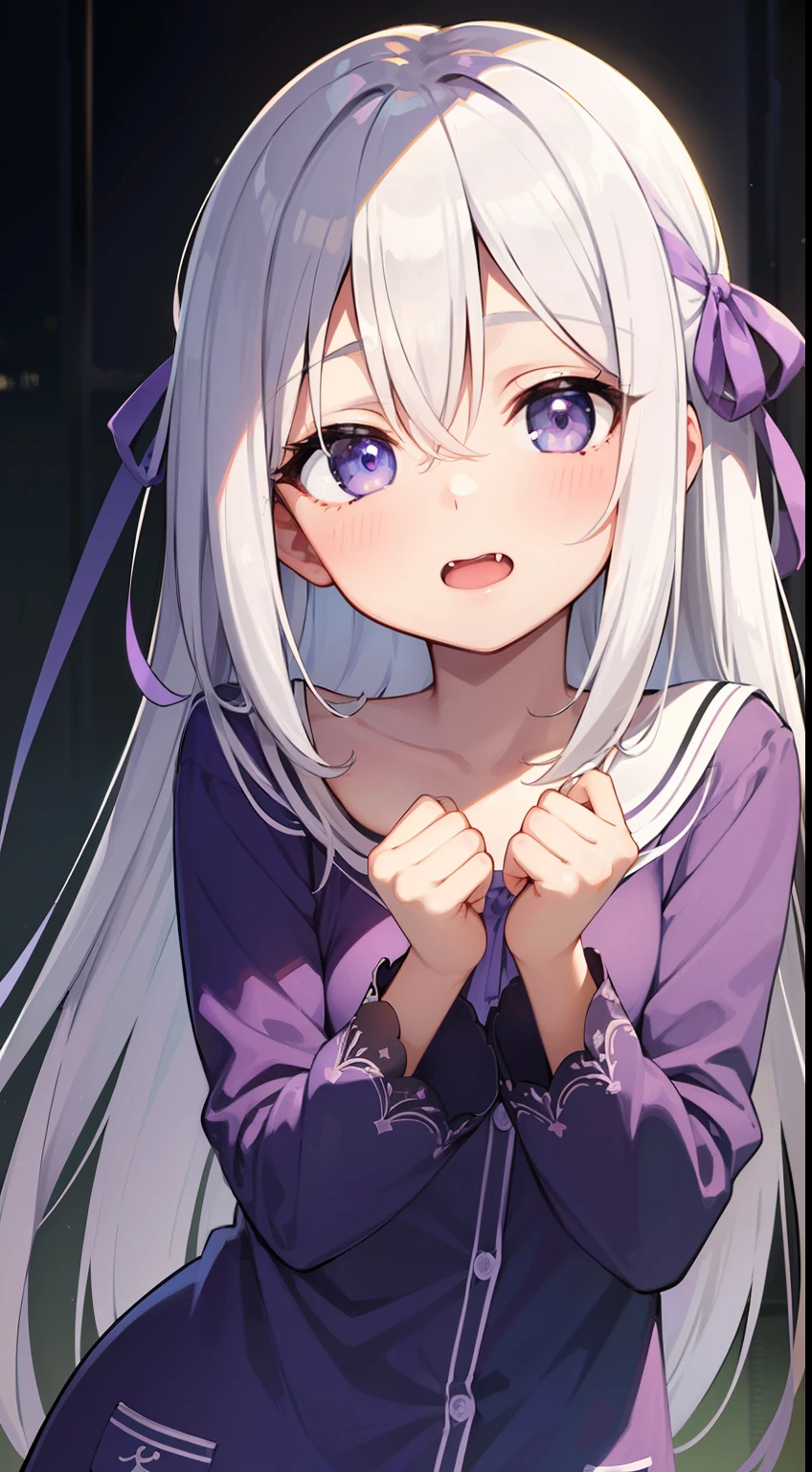 ((Cute li)), ((purple eyes)), (Long hair), ((white hair)), (((straight hair))), hair between eyes, ((Purple hair ribbon)), flat chest, (purple pajamas), white kneehighs, aroused, fang, (victory pose), looking at the viewer, (masutepiece:1.2), Best Quality, High resolution, Unity 8k wallpaper, (Illustration:0.8), (Beautiful detailed eyes:1.6), extra detailed face, Perfect Lighting, anime style, upper body