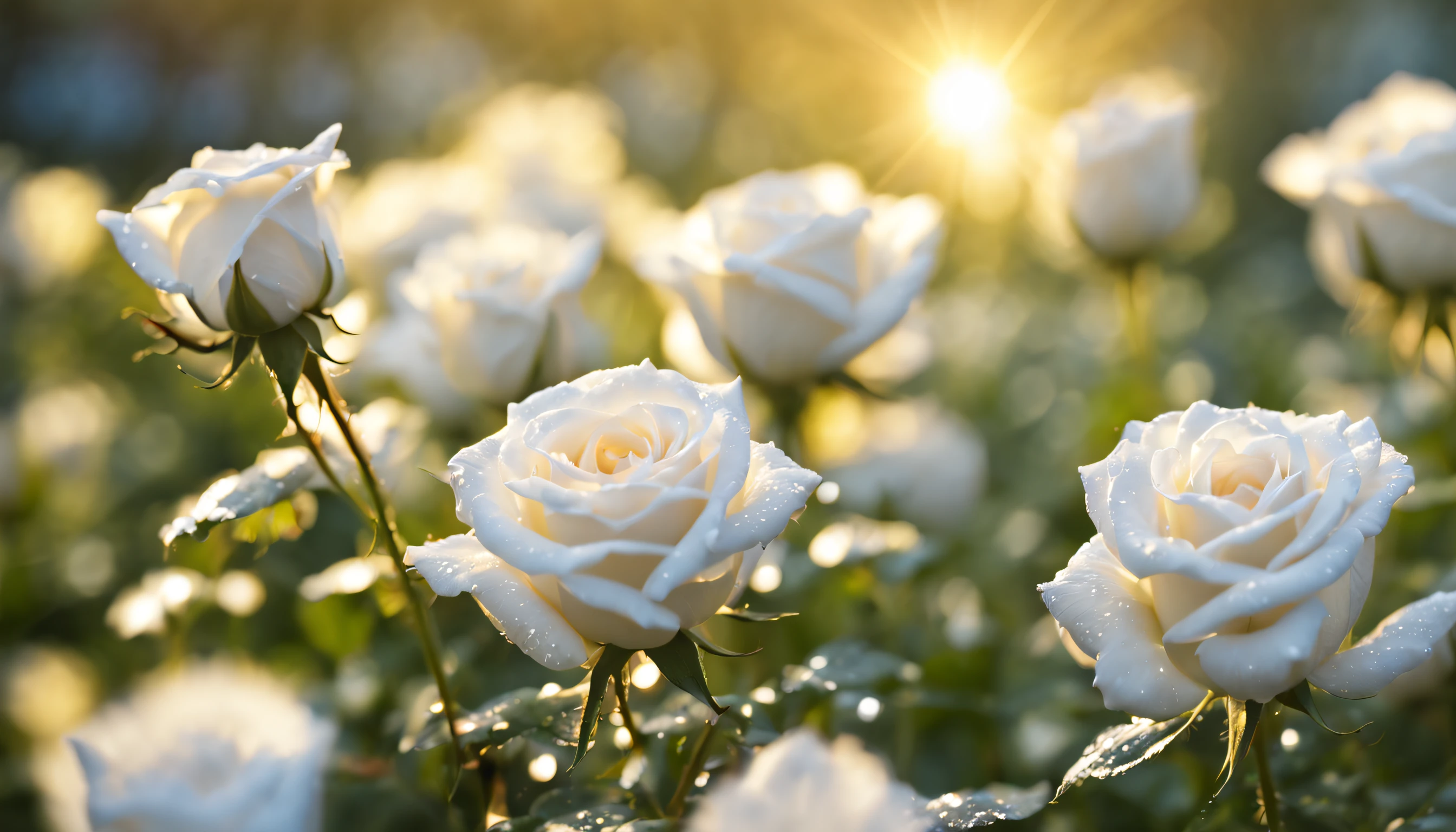 Many white color rose flowers in the garden and sunlight with bokeh, dew drops on flower petals (masterpiece, ultra quality, high resolution, 8k, intricate: 1.2), (masterpiece), (best quality:1)