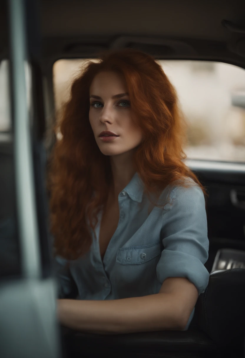 sexy 20 years old blue eyes redhair slim half naked female in office near car showing her ass