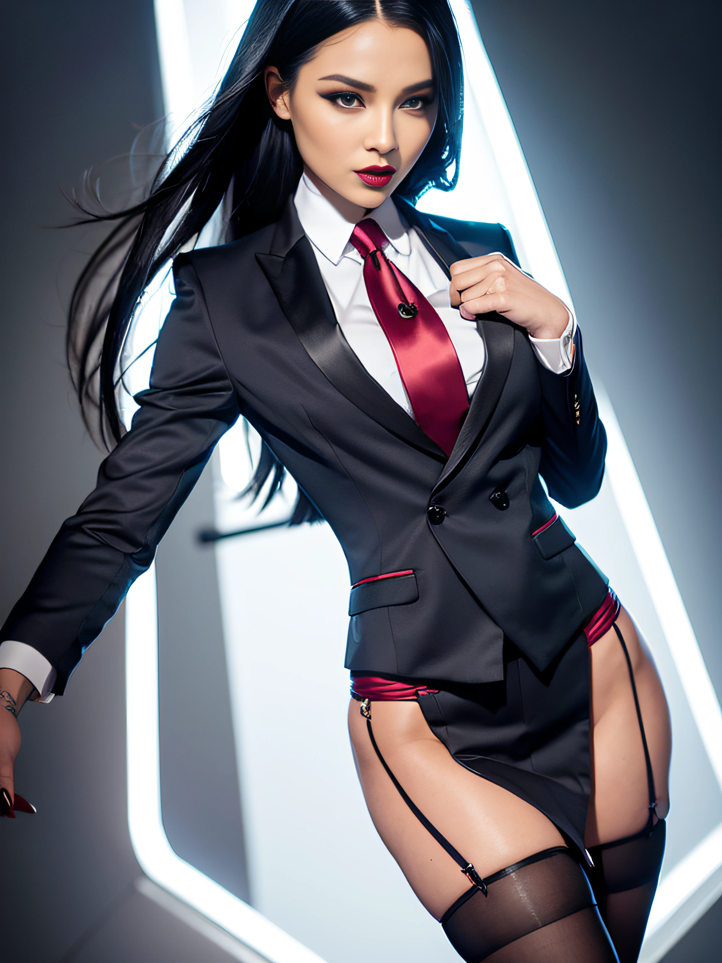 mortal kombat, sindel, 1girl, makeup, silky hair, fully clothed, skirt suit, suit and tie, (((three-piece suit))), silk dress shirt, shirt and tie, necktie, ((blazer)), ((suit jacket)) ((waistcoat)), bodycon miniskirt, pantyhose, tights, stockings, ((red lipstick)), ((pinstripe suit)), high heels, belt, tie clip, pocket square, tailored suit