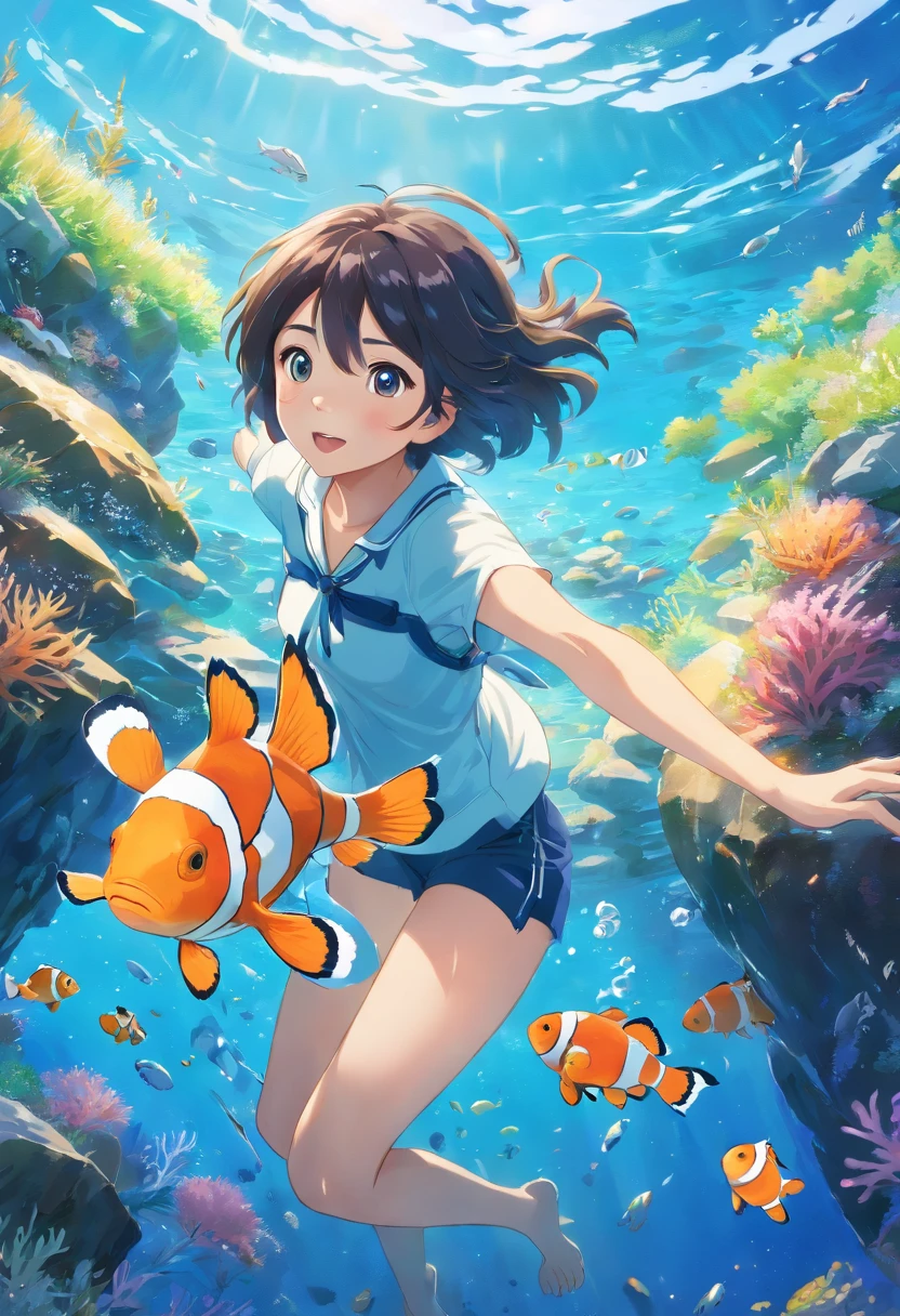 (Best Quality,Ultra-detailed,Realistic:1.37),Deep blue in the water,Flock to large flocks of clownfish swimming gracefully in the center,sea weed,boulders,sea turtle,monkfish,and divers.