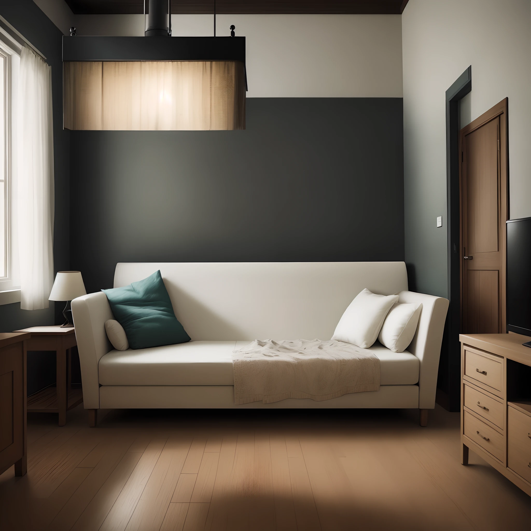 Make me an old and messy indoor living room, dark in darkness with no natural light, a feeling of cold