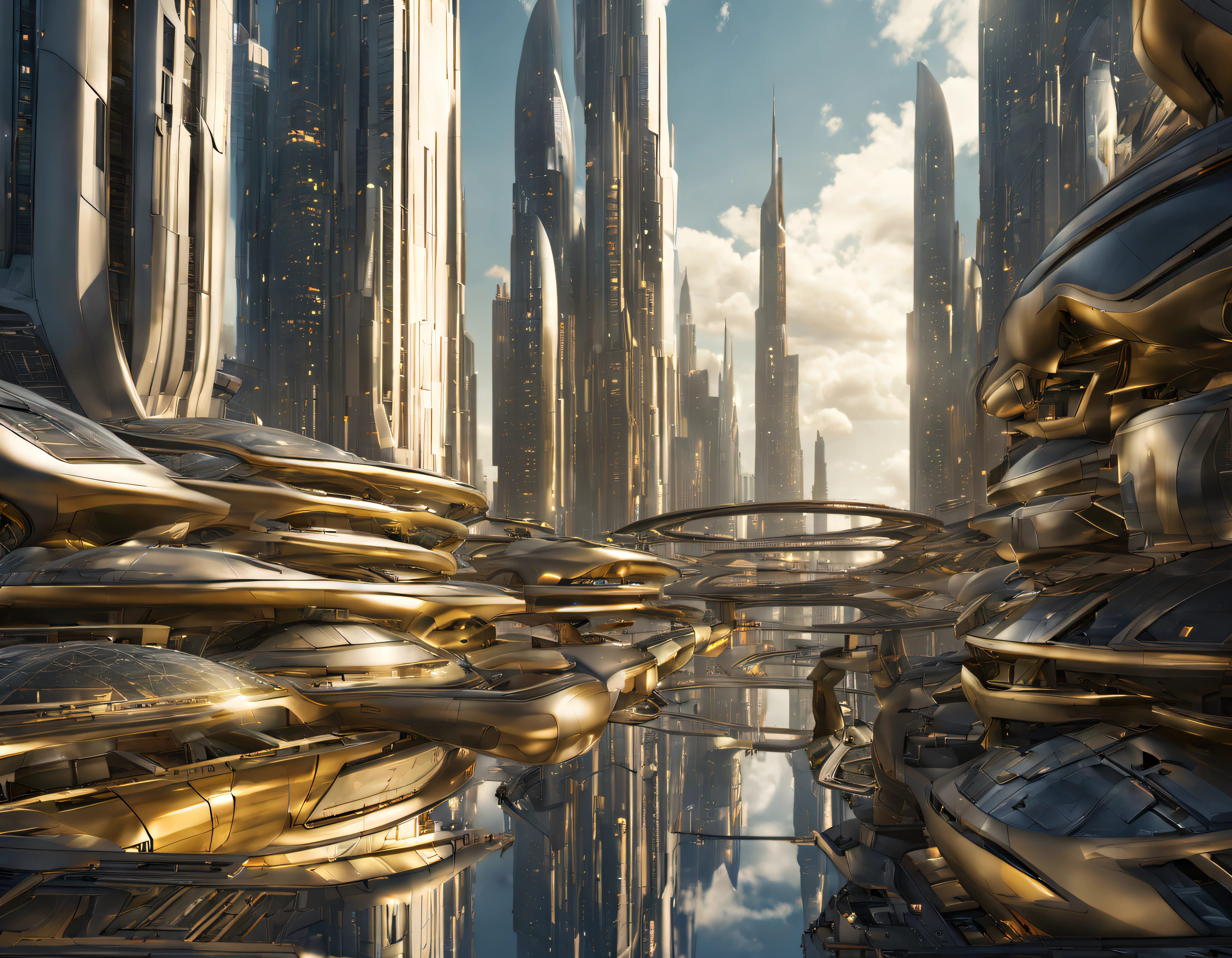On an unknown planet there is a futuristic city with immense buildings of technological design que forman una infinita avenida, con estructuras acristaladas en plata, oro y bronce espectaculares. con colores vivos. pavimento ensolado. gente paseando. similar a coruscant. imagen bien definida con muchos edificios juntos.