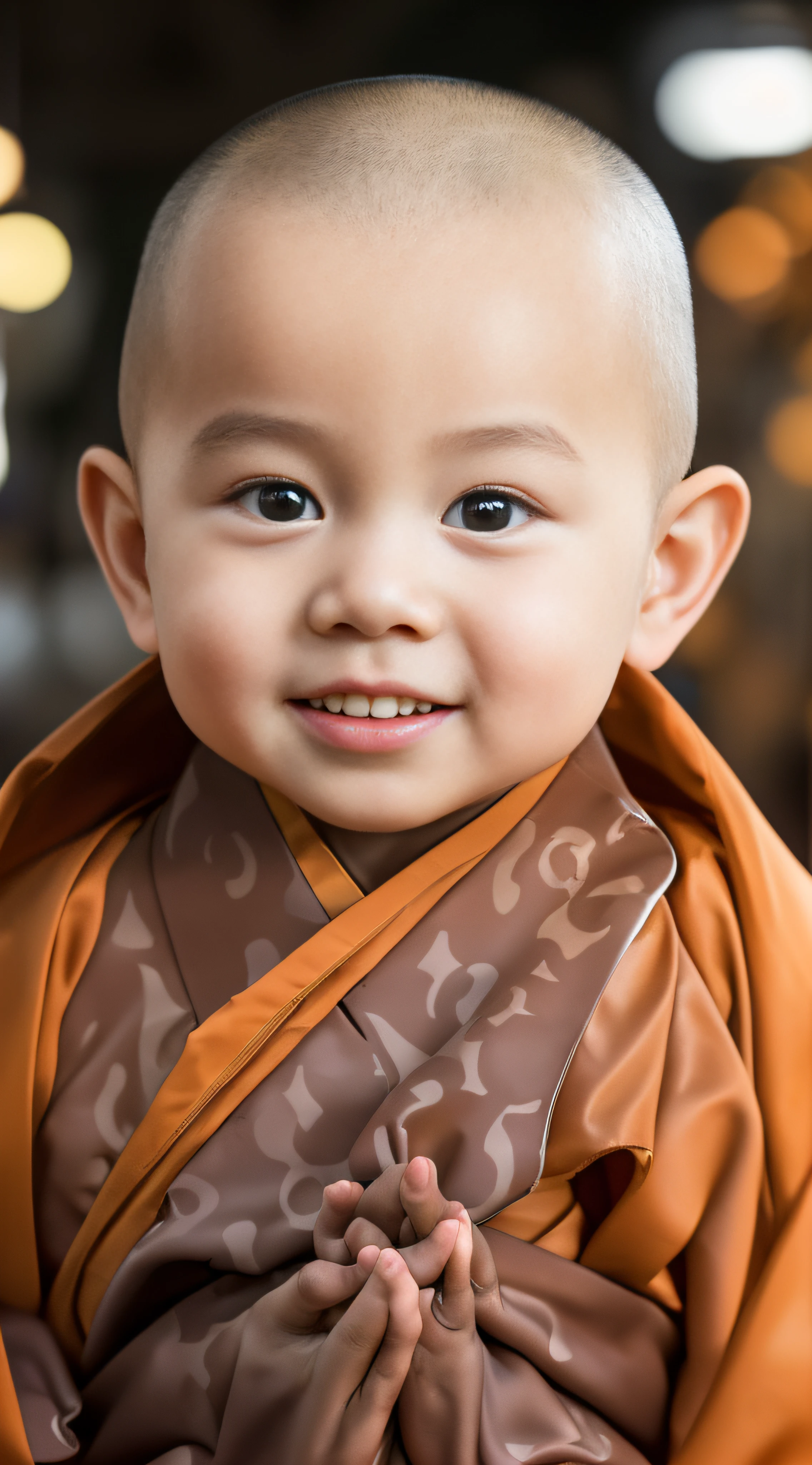 A young monk dressed in a monk's robe,had his hands folded,sit with legs crossed,Smile at the camera。