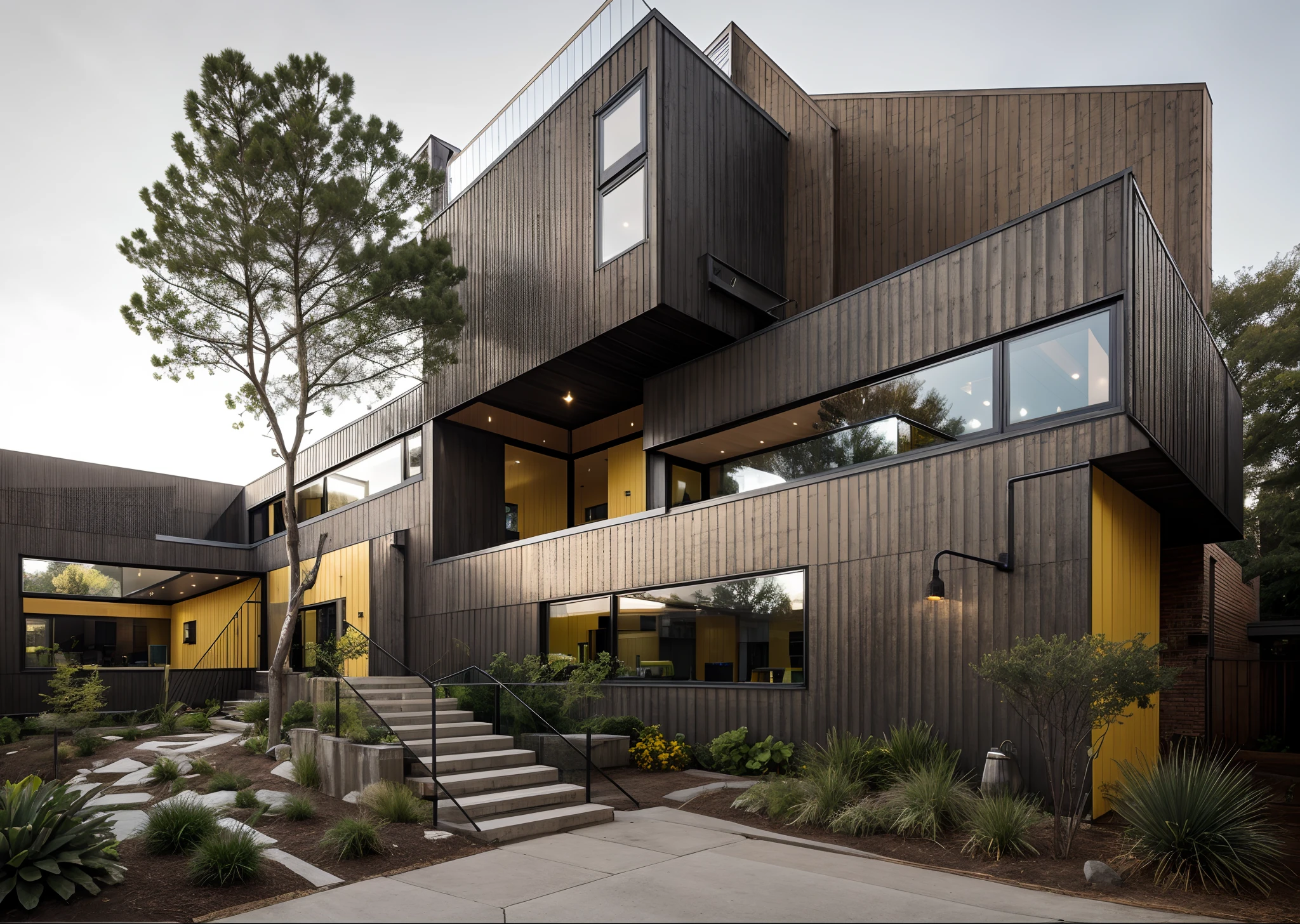 house exterior industry style, dark yellow and green color scheme, like an oldtime industry factory,raw materials, exposed structural elements, and simple, clean lines,rough-hewn steel, polished concrete, glass, and exposured brick,