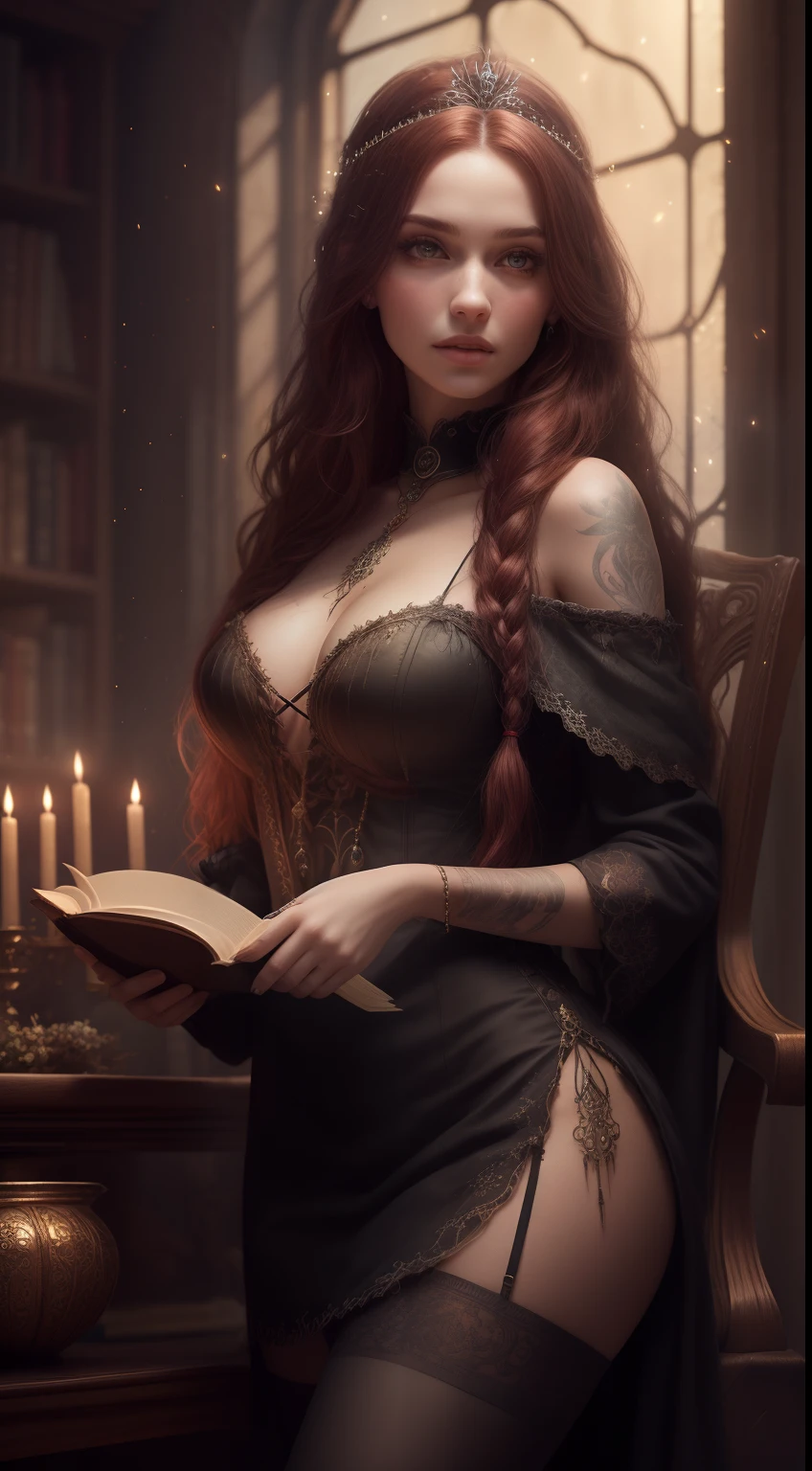 RAW professional photograph of the absolute reigning goth punk forest goddess Queen of witches. Masterpiece. 8k artstation. Perfect facial and body anatomy proportions. She has a pretty Irish face and slim athletic body. Wise expression. Wide athletic hips. and very long messy braided red hair. She is covered with occult tattoos. and lots of jewelry. and flowers in her hair. She wears an opulent off shoulder Gothic dress that is regal and elegant and suggestive. Wearing a pretty circlet in her hair. Stockings. Incredible detail to clothing texture and pattern. Setting: fantasy, a deceadent mansion study with a large chair. Surrounded by books and glowing potions and candles. She reads an ancient book and dazzling balls of lights and colors surround her. Fireflies. Autumn. Big window. Blurry background, colorful, bokeh effect, god rays, dynamic pose, raytracing, backlight, subsurface scattering, closeup, dynamic, seductive, Flirtatious