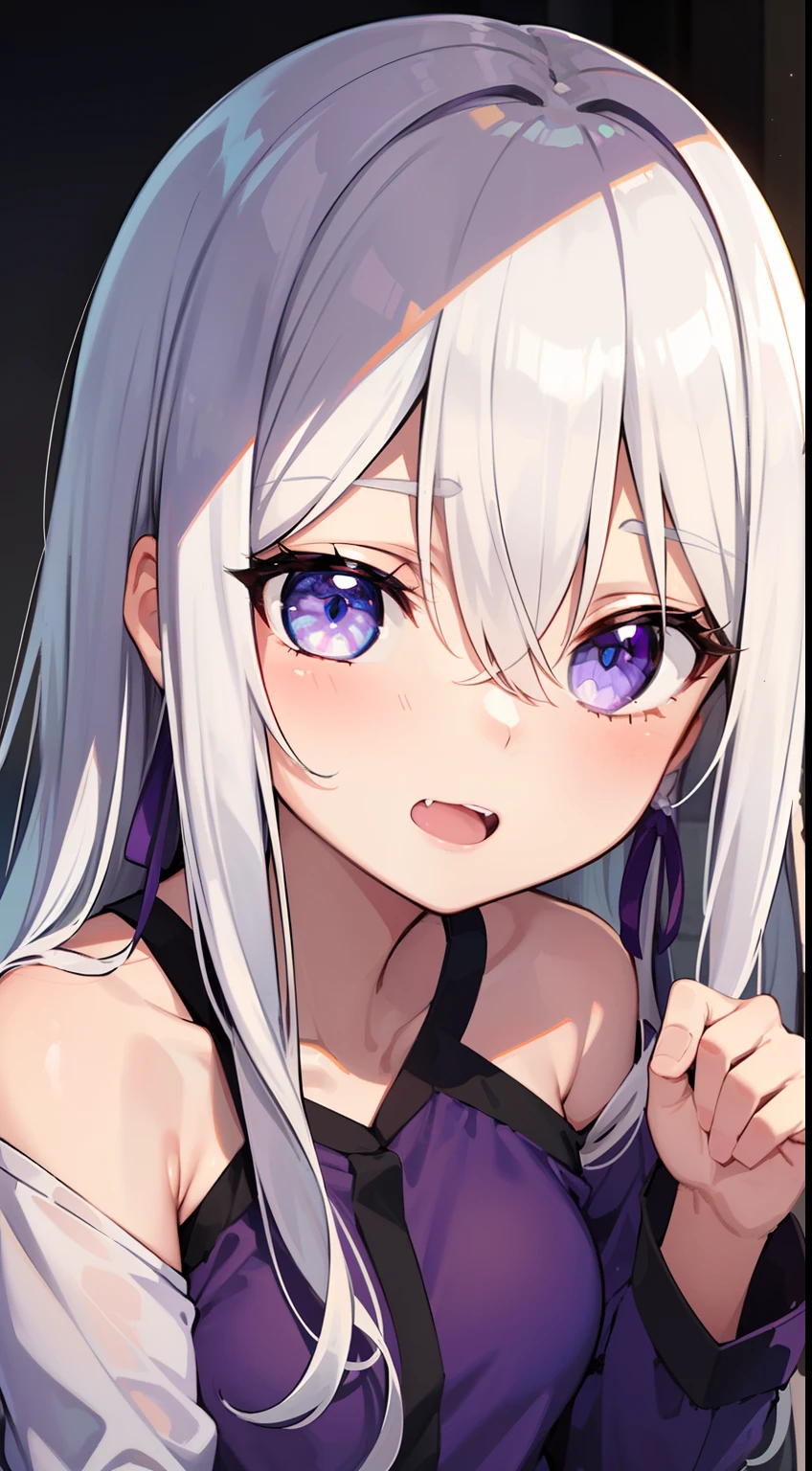 (corruption),1girl,white hair,purple eyes,medium breasts,blush,(ahegao),collarbone,trembling,sweat,sweatdrop,heart, (heart-shaped pupils:1.3),