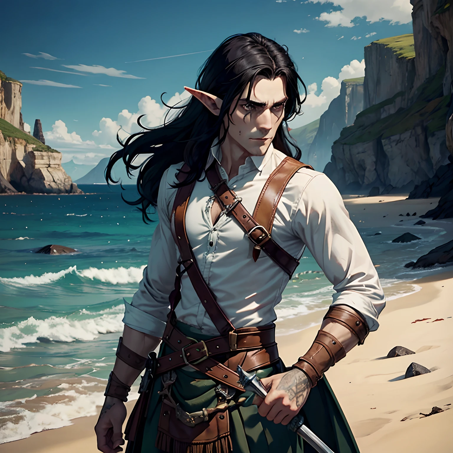 Lonely male elf. a pirate. ah high. pale skin. Long black hair. A manly face. scar on face. without a beard. Leather bib with shirt. Scotch Kilt. rapier. stands. On the island
