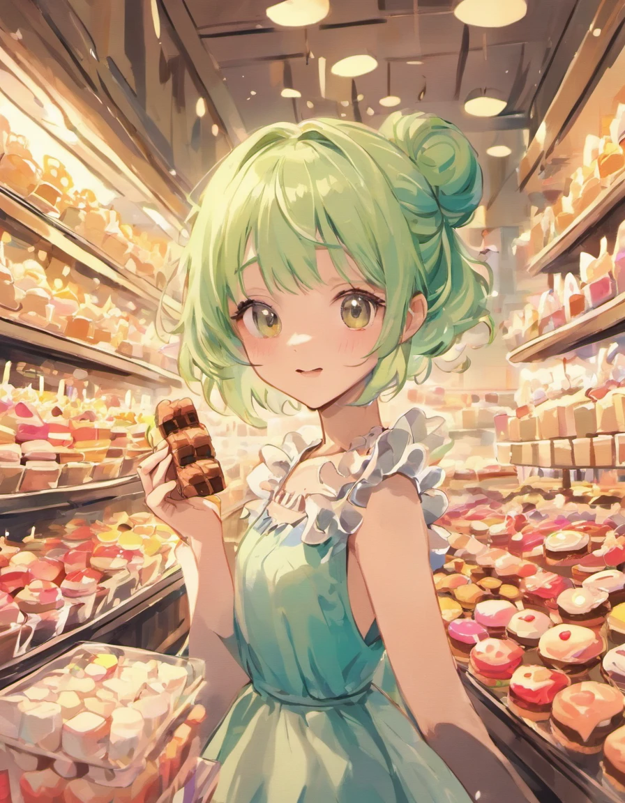 (Best Quality,hight resolution:1.2),(Ultra-detailed),(Realistic:1.37)
Little girl with green hair, Smile and hold chocolate in hand, In the world of sweets. The girl has beautiful detailed eyes, Beautiful detailed lips, And the happy look on her face. Wearing a colorful dress、Chocolate bars, etc.々Surrounded by sweets, a cake, Ice cream, and macarons. (Sweets are randomly placed around her), create an atmosphere of playfulness and whims,. (Artwork is in pastel color design), With vivid and vivid colors that bring sweets to life. The lighting of the scene is soft and dreamy, Gentle shine on the girl and sweets.