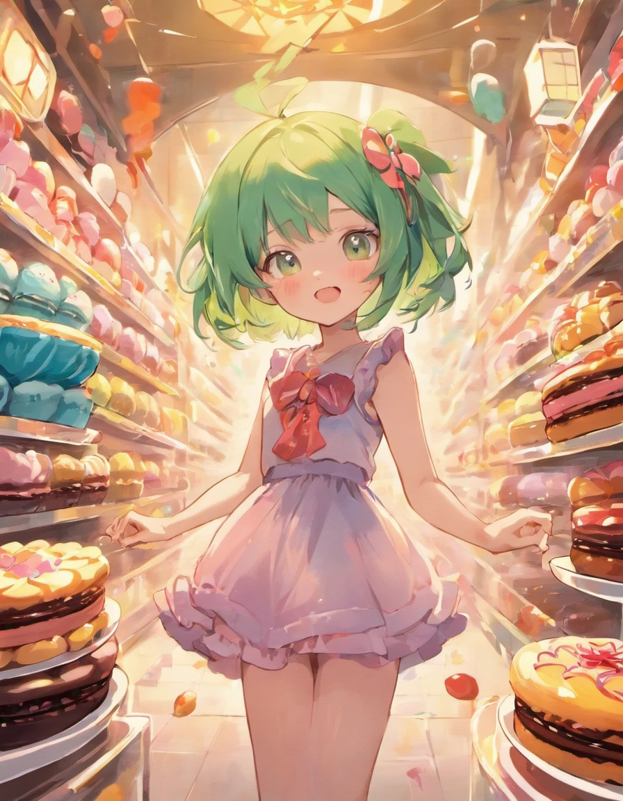 (Best Quality,hight resolution:1.2),(Ultra-detailed),(Realistic:1.37)
 with green hair, Smile and hold chocolate in hand, In the world of sweets. The girl has beautiful detailed eyes, Beautiful detailed lips, And the happy look on her face. Wearing a colorful dress、Chocolate bars, etc.々Surrounded by sweets, a cake, Ice cream, and macarons. (Sweets are randomly placed around her), create an atmosphere of playfulness and whims,. (Artwork is in pastel color design), With vivid and vivid colors that bring sweets to life. The lighting of the scene is soft and dreamy, Gentle shine on the girl and sweets.