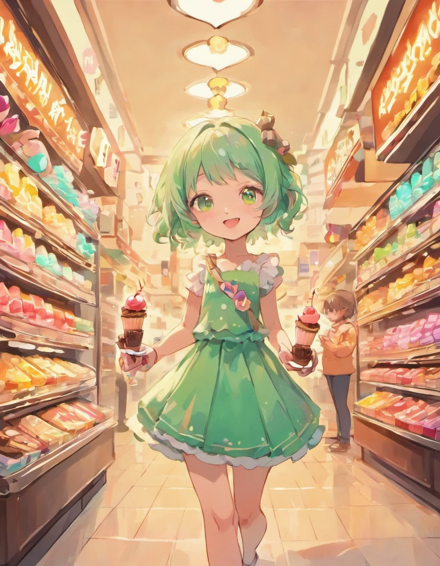 (Best Quality,hight resolution:1.2),(Ultra-detailed),(Realistic:1.37)
with green hair, Smile and hold chocolate in hand, In the world of sweets. The girl has beautiful detailed eyes, Beautiful detailed lips, And the happy look on her face. Wearing a colorful dress、Chocolate bars, etc.々Surrounded by sweets, a cake, Ice cream, and macarons. (Sweets are randomly placed around her), create an atmosphere of playfulness and whims,. (Artwork is in pastel color design), With vivid and vivid colors that bring sweets to life. The lighting of the scene is soft and dreamy, Gentle shine on the girl and sweets.