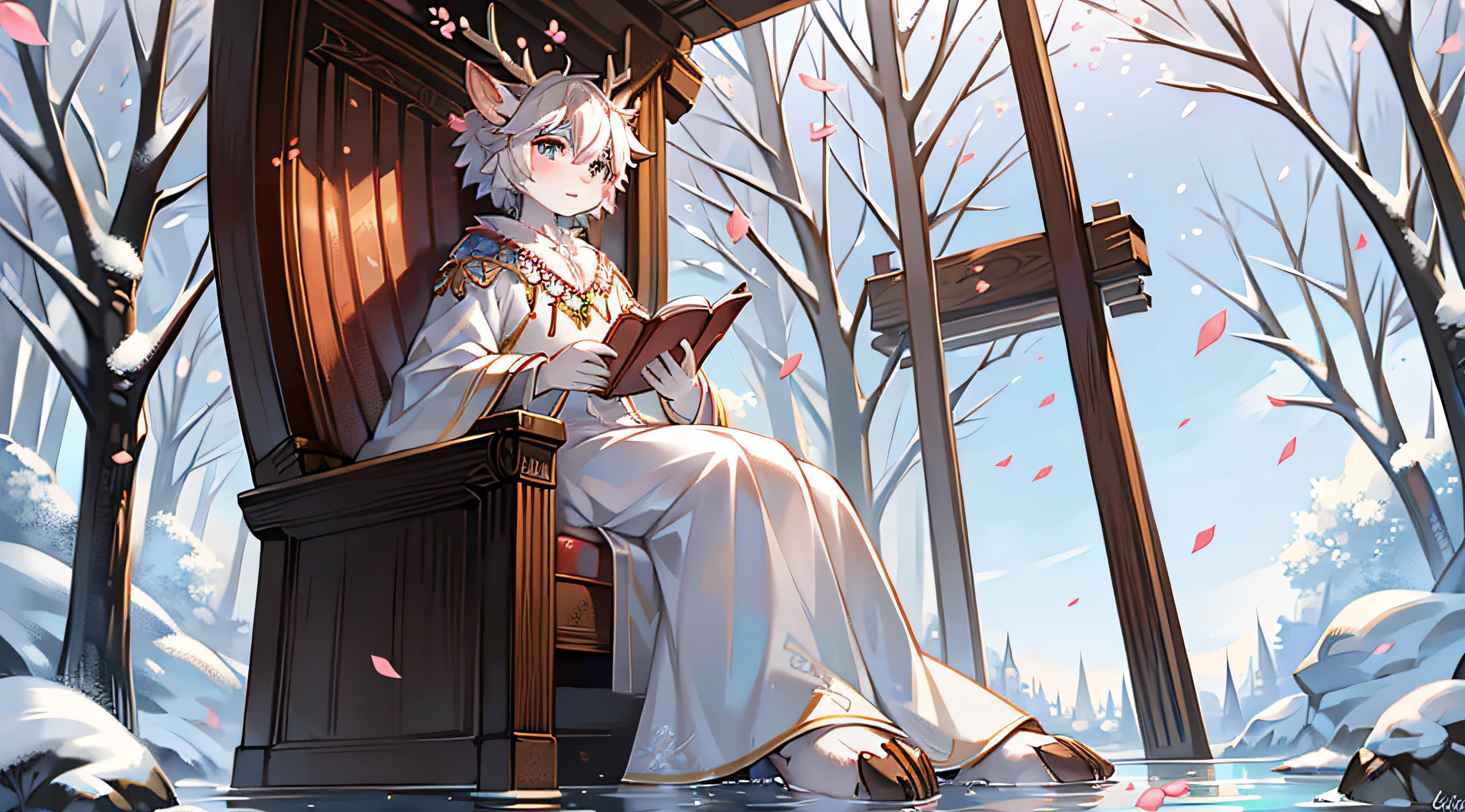 A white deer,Pear blossom tree,falling flower petals,flowing river,White robe,Green pattern,Sat down,snow covered,out a hand,ornate backdrop,Falling snowflakes,sitting sideways,Reach for the snowflakes,k hd,solo person,arcadia,falling flower petals,Pink petals,With a book on his lap,deer antlers,eye glass,Expectant eyes,Flying petals,The petals float in the air