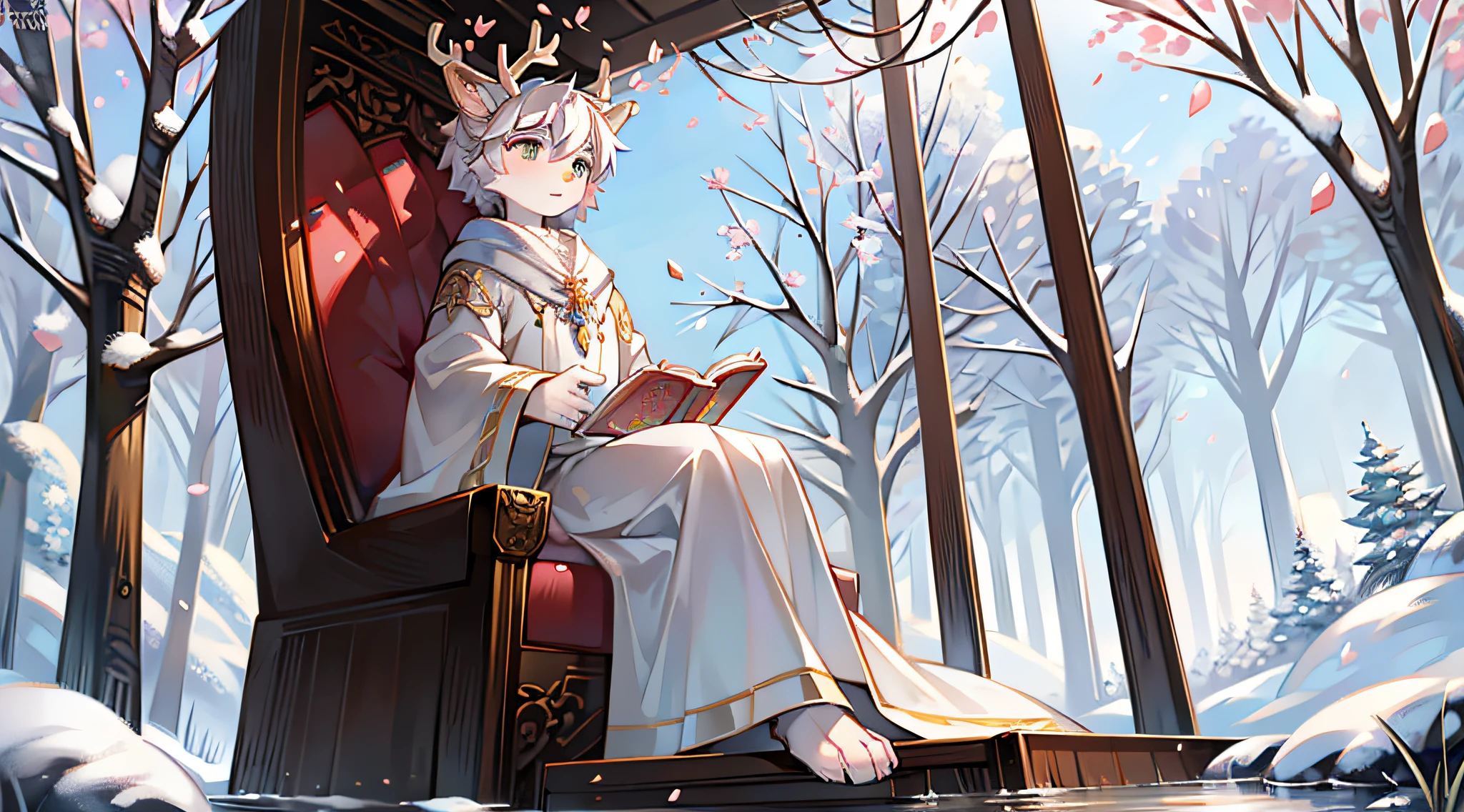A white deer,Pear blossom tree,falling flower petals,flowing river,White robe,Green pattern,Sat down,snow covered,out a hand,ornate backdrop,Falling snowflakes,sitting sideways,Reach for the snowflakes,k hd,solo person,arcadia,falling flower petals,Pink petals,With a book on his lap,deer antlers,eye glass,Expectant eyes,Flying petals,The petals float in the air