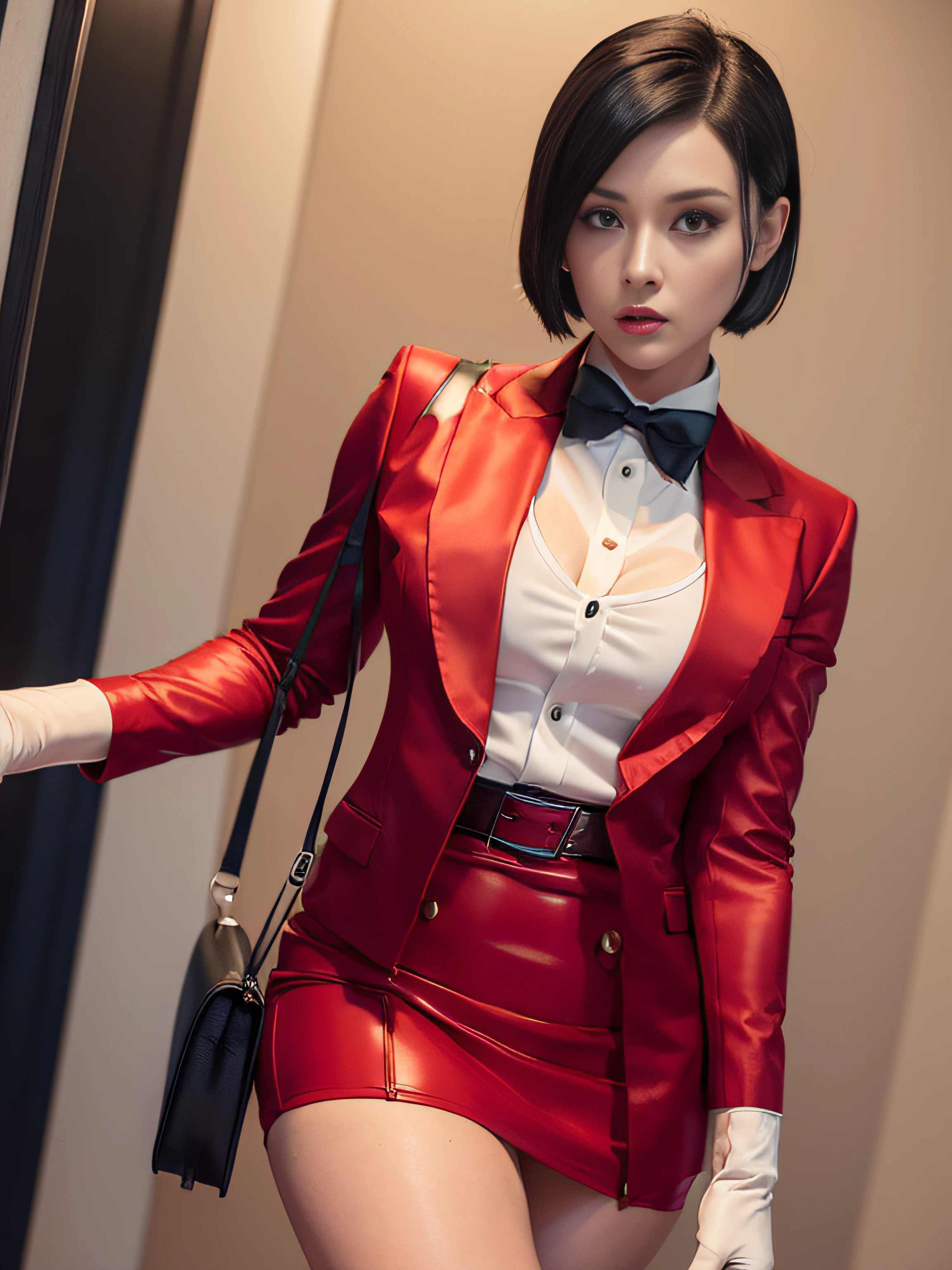 Resident Evil 4, Ada Wong, 1girl, makeup, silky hair, fully clothed, skirt suit, tuxedo, white silk dress shirt, (((buttoned up shirt))), (((black bowtie))), (((red blazer))), (((red dinner jacket))), (((black bodycon miniskirt))), ((high waisted skirt)), pantyhose, tights, stockings, ((red lipstick)), ((smokey eyeshadow)), high heels, (((belt))), pocket square, tailored suit, ((white gloves))