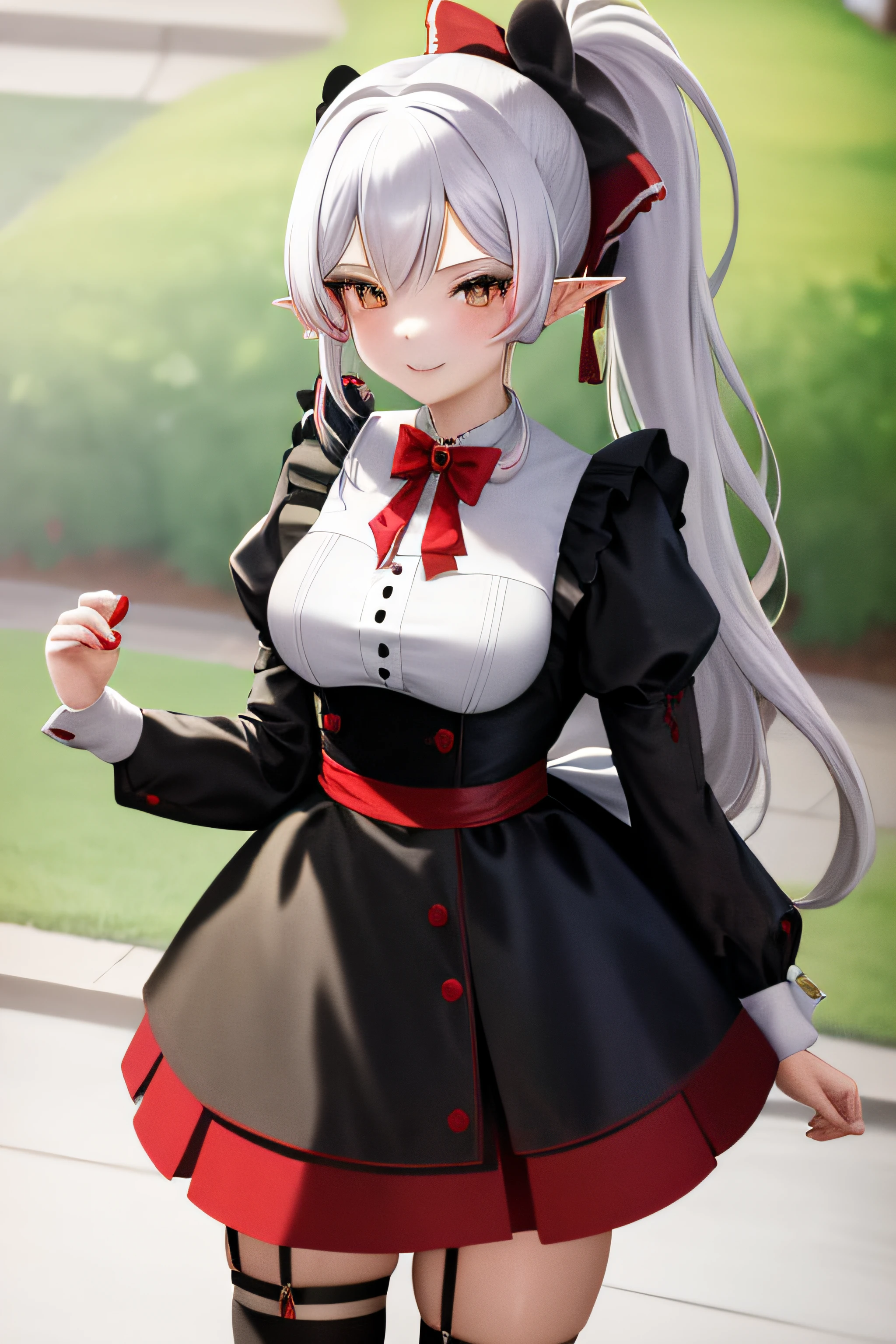 masterpiece, best quality, highres, 1girl, wearing a red and black maid outfit, anime, maid, elf, smile, crooked tooth, white gold hair, waist length hair, ponytail, This girl's name is Luana