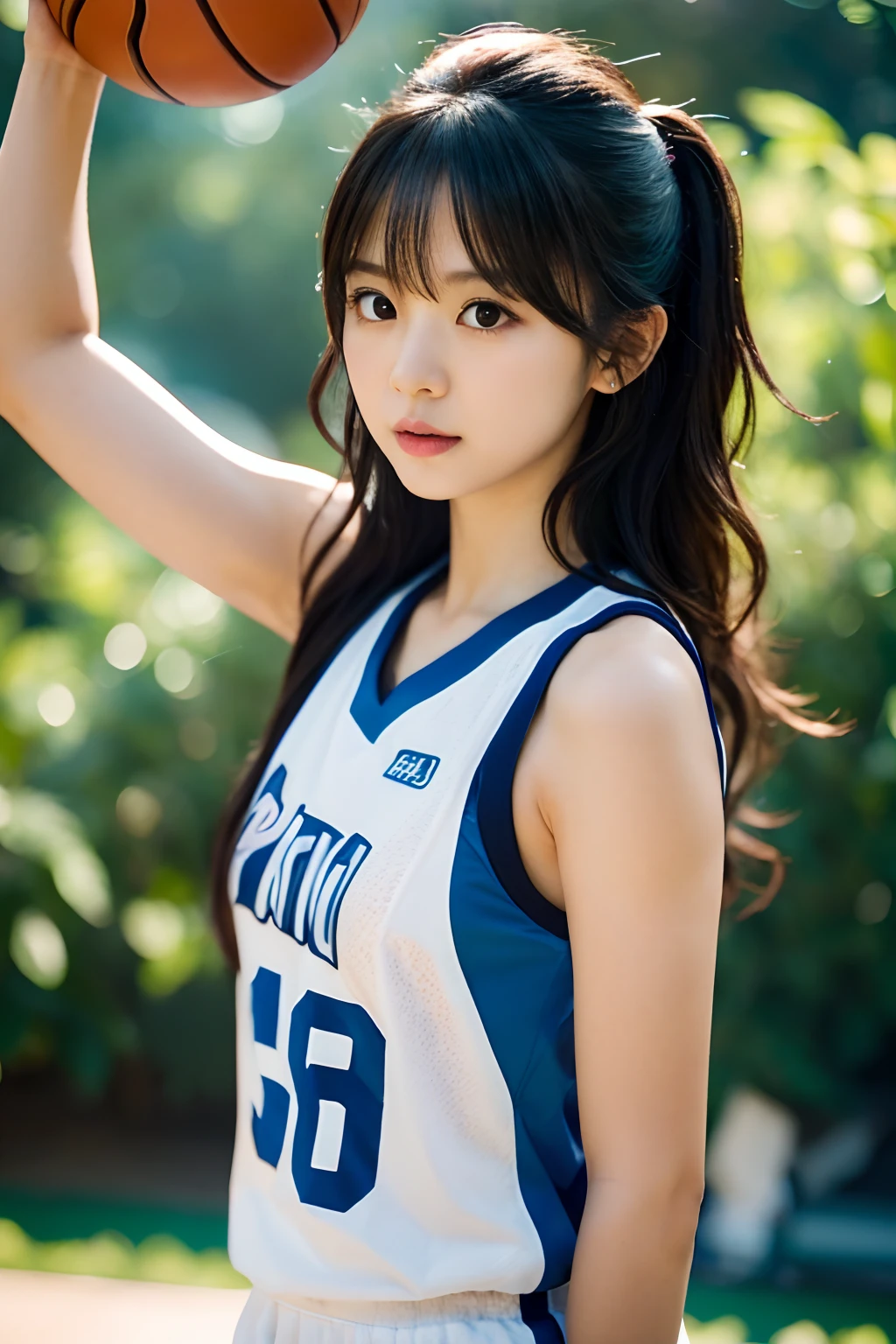 (8K, RAW Photos, Highest quality, Tabletop:1.2), (Realistic, Photorealistic:1.37),1 Girl,beautiful,Powerful, (alone),Detailed face, Elevation,sideboob,
Shoot the ball,Basketball Uniforms ,Sports, avert your eyes,sporty,Wet Skin,Sweat,Large Breasts,Basketball venue