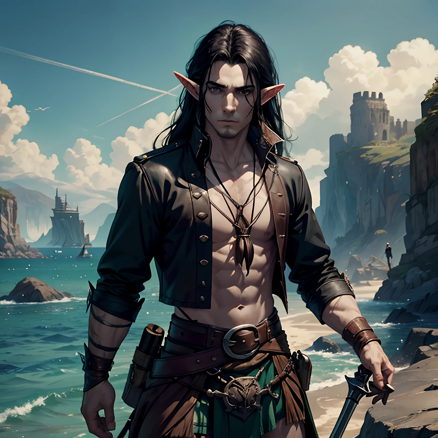 Lonely male elf. a pirate. ah high. pale skin. Long black hair. A manly face. scar on face. without a beard. Leather bib with shirt. Scotch Kilt. rapier. stands. On the island