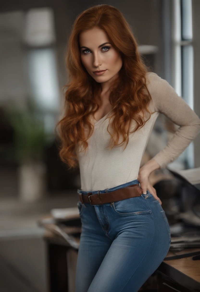 sexy 20 years old female, blue eyes redhair, slim body, wearing jeans, half naked in office showing her ass