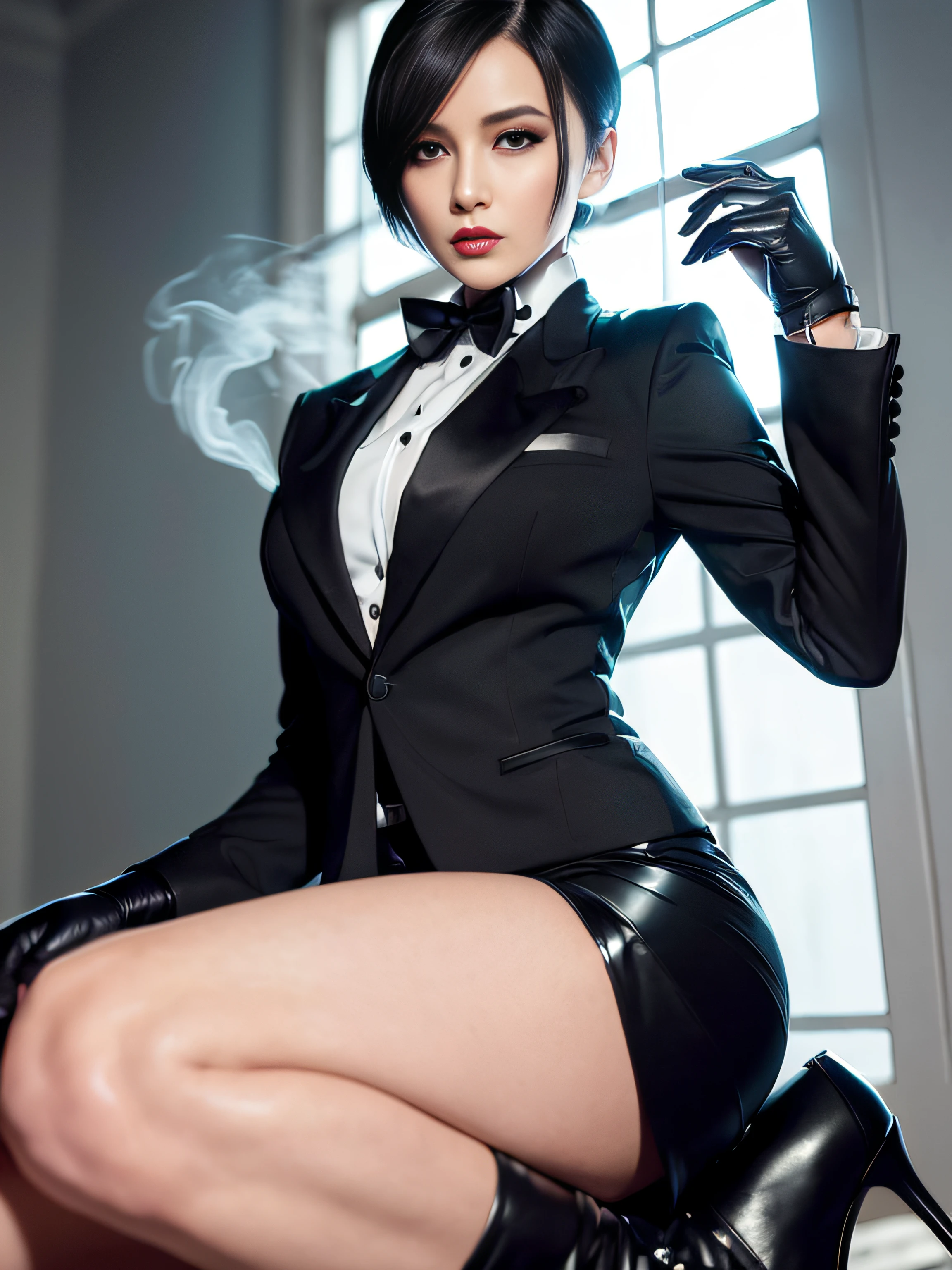 Resident Evil 4, Ada Wong, 1girl, makeup, silky hair, fully clothed, skirt suit, tuxedo, white silk dress shirt, (((buttoned up shirt))), (((black bowtie))), (((black blazer))), (((black dinner jacket with black lapel))), (((black lapels))), (((waistcoat))) (((black bodycon miniskirt))), ((high waisted skirt)), pantyhose, tights, stockings, ((red lipstick)), ((smokey eyeshadow)), high heels, pocket square, tailored suit, ((white gloves))