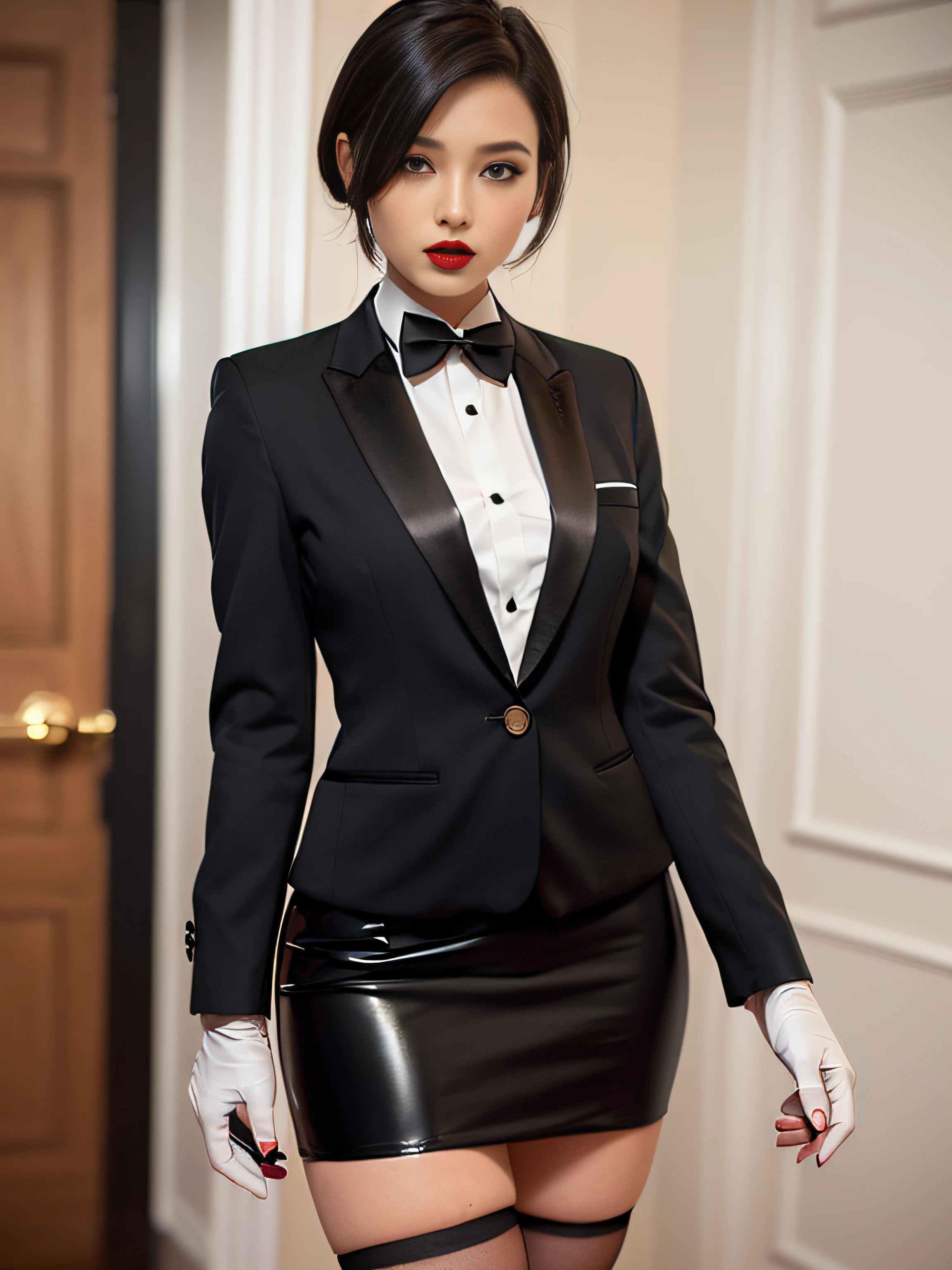 Resident Evil 4, Ada Wong, 1girl, makeup, silky hair, fully clothed, skirt suit, tuxedo, white silk dress shirt, (((buttoned up shirt))), (((black bowtie))), (((black blazer))), (((black dinner jacket with black lapel))), (((black lapels))), open jacket, (((waistcoat))), (((black bodycon miniskirt))), ((high waisted skirt)), pantyhose, tights, stockings, ((red lipstick)), ((smokey eyeshadow)), high heels, pocket square, tailored suit, ((white gloves))