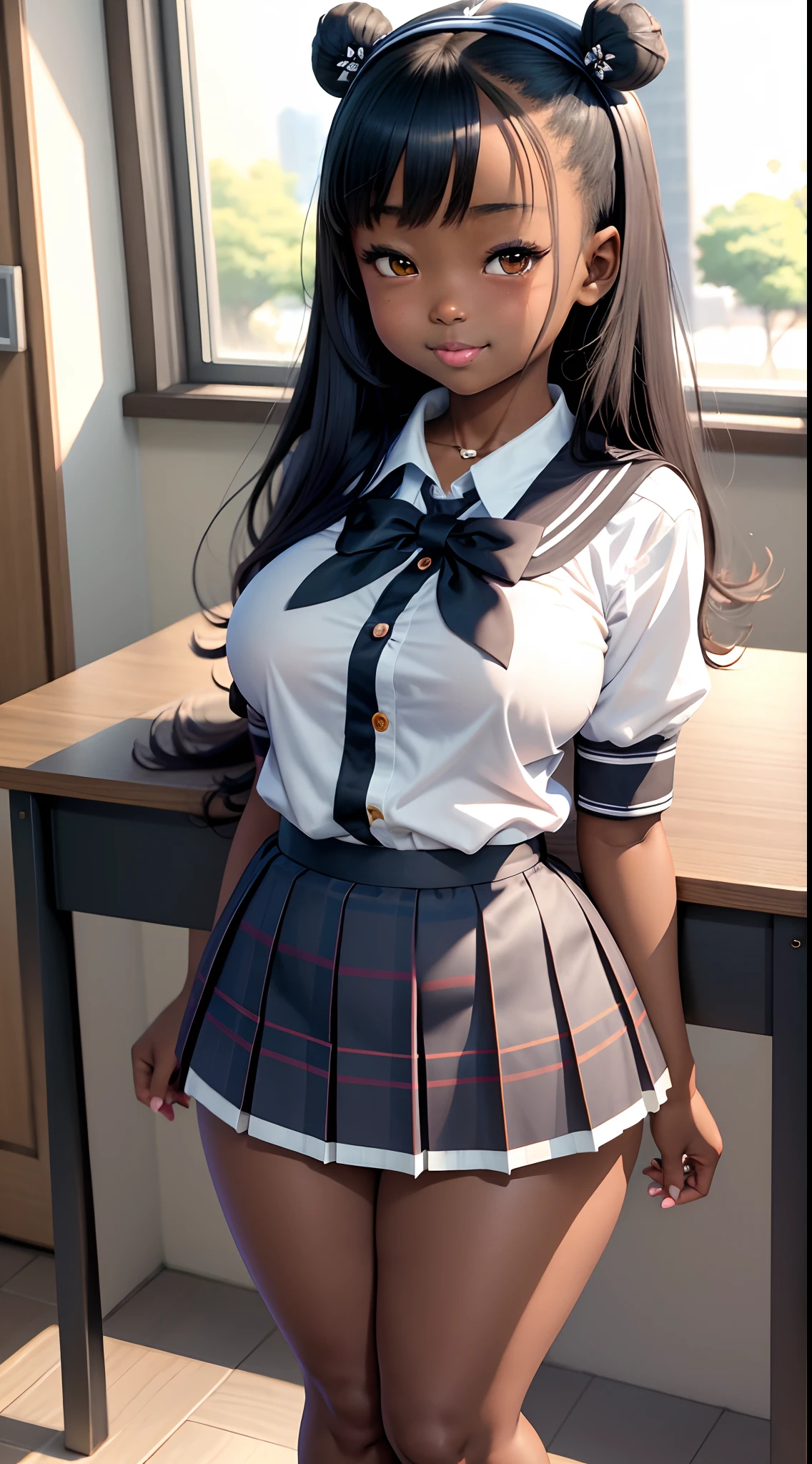 (masterpiece), best quality, 1girl, dark skin,black asian, Nigerian-Korean, shortstack girl, oppai , petite girl, thick thighs, slim and thin, big breasts, cute, sexy body, 11 yd, children, pleated skirt, schoolgirl uniform, smug smile, adorable, (anime style)