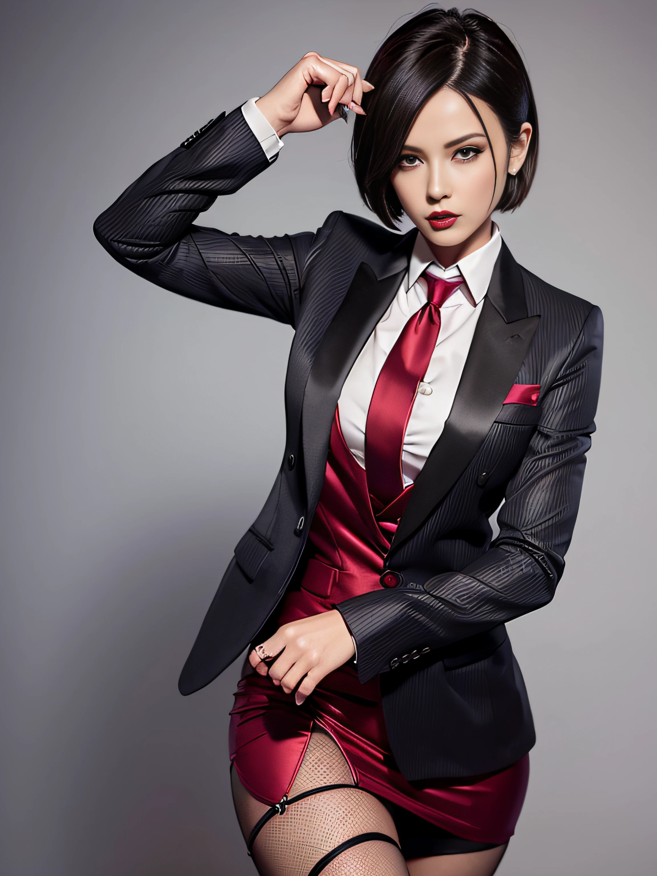 Resident Evil 4, Ada Wong, 1girl, makeup, silky hair, fully clothed, skirt suit, suit and tie, (((three-piece suit))), silk dress shirt, shirt and tie, necktie, ((blazer)), ((suit jacket)) ((waistcoat)), bodycon miniskirt, pantyhose, tights, stockings, ((red lipstick)), ((pinstripe suit)), high heels, belt, tie clip, pocket square, tailored suit, black gloves